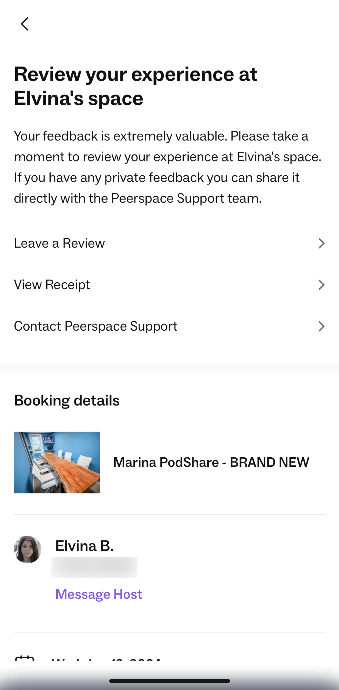 Peerspace Screen screen in the Rating a host flow