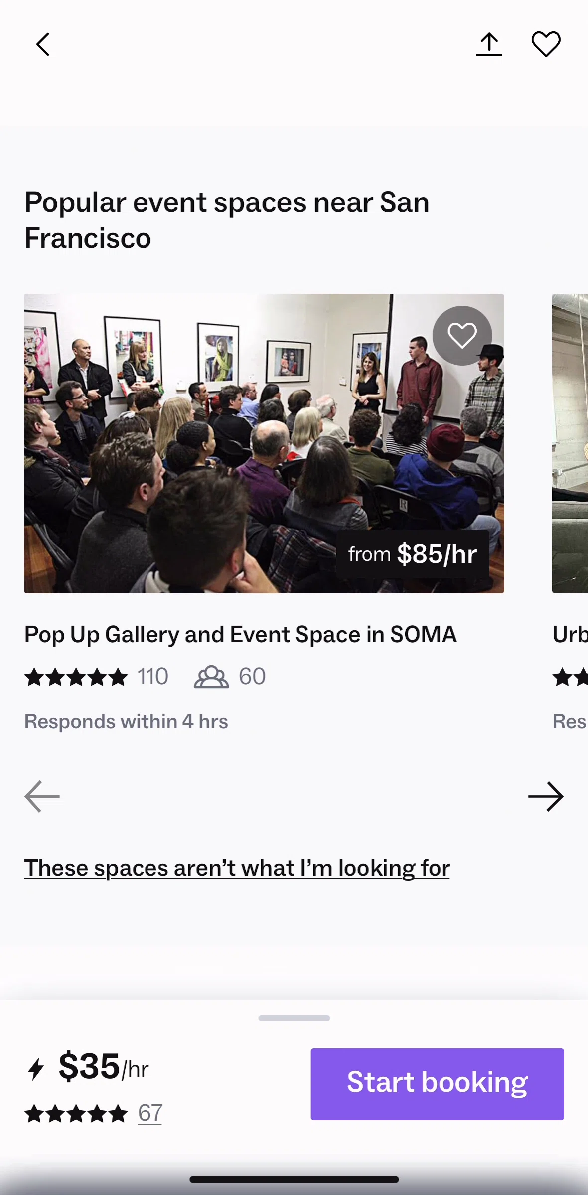 Peerspace Screen screen in the Reporting space suggestions flow