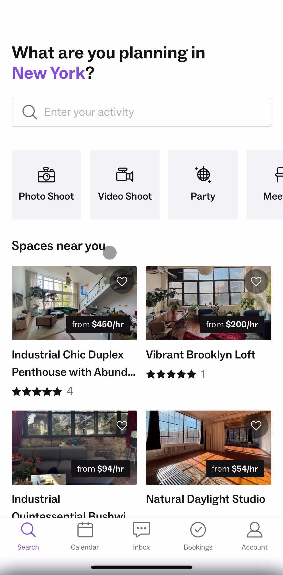 Peerspace Home screen in the Saving flow