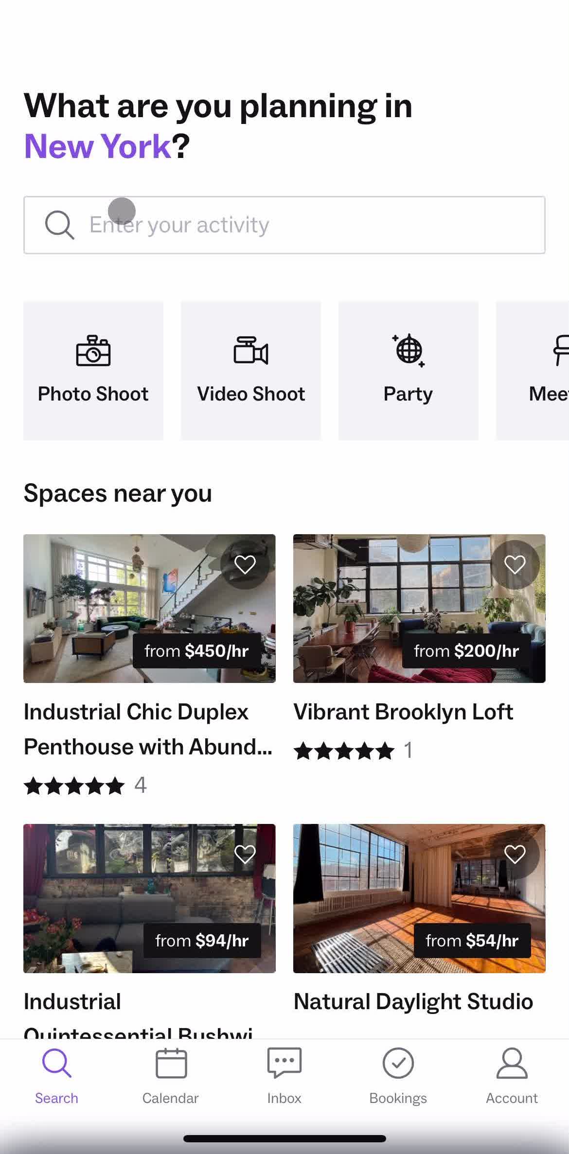 Peerspace Home screen in the Searching flow