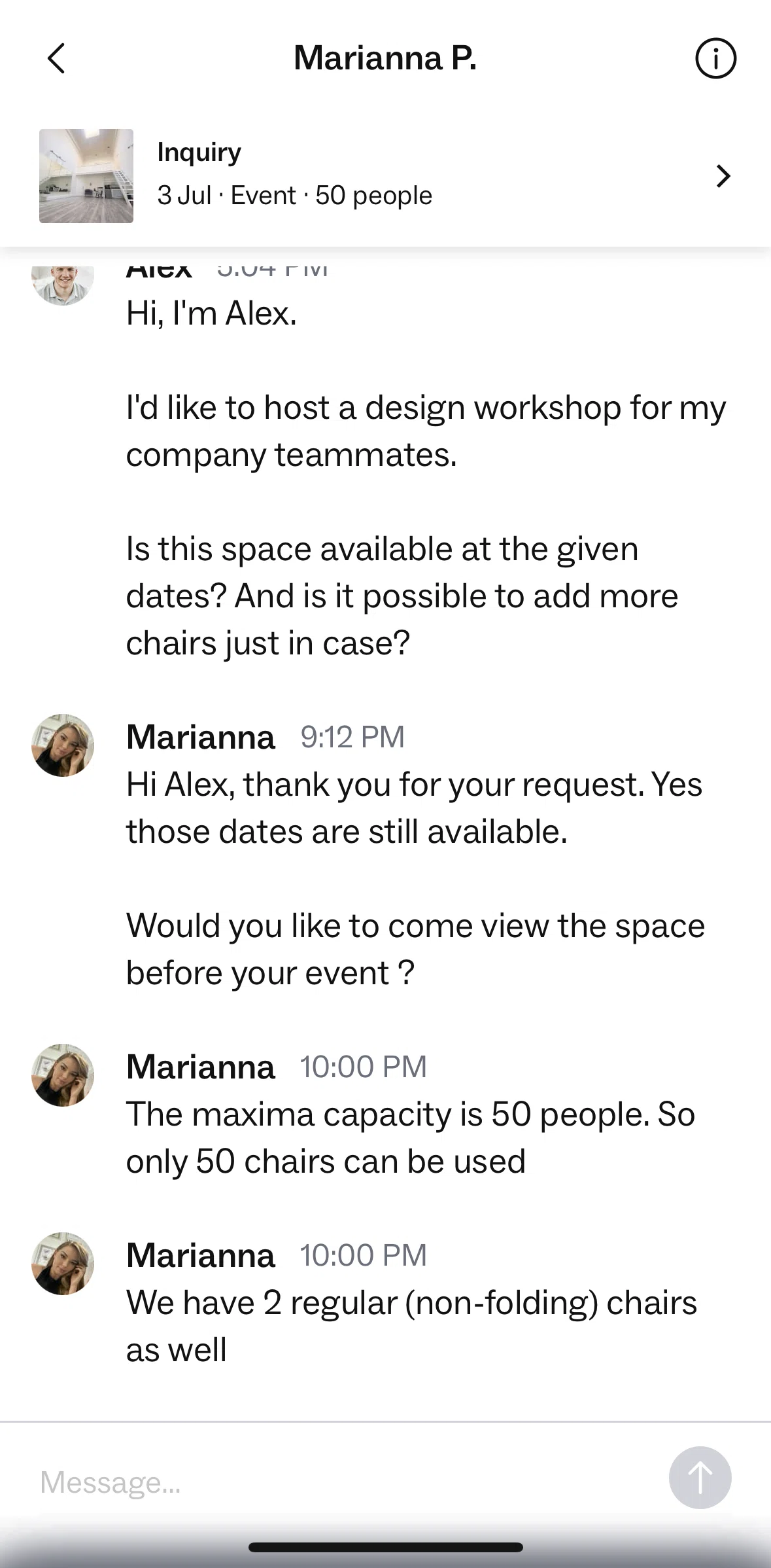 Peerspace Screen screen in the Sending a message flow