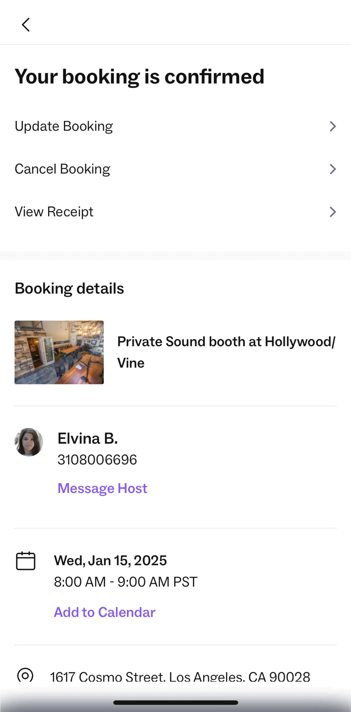 Peerspace Screen screen in the Update a booking flow