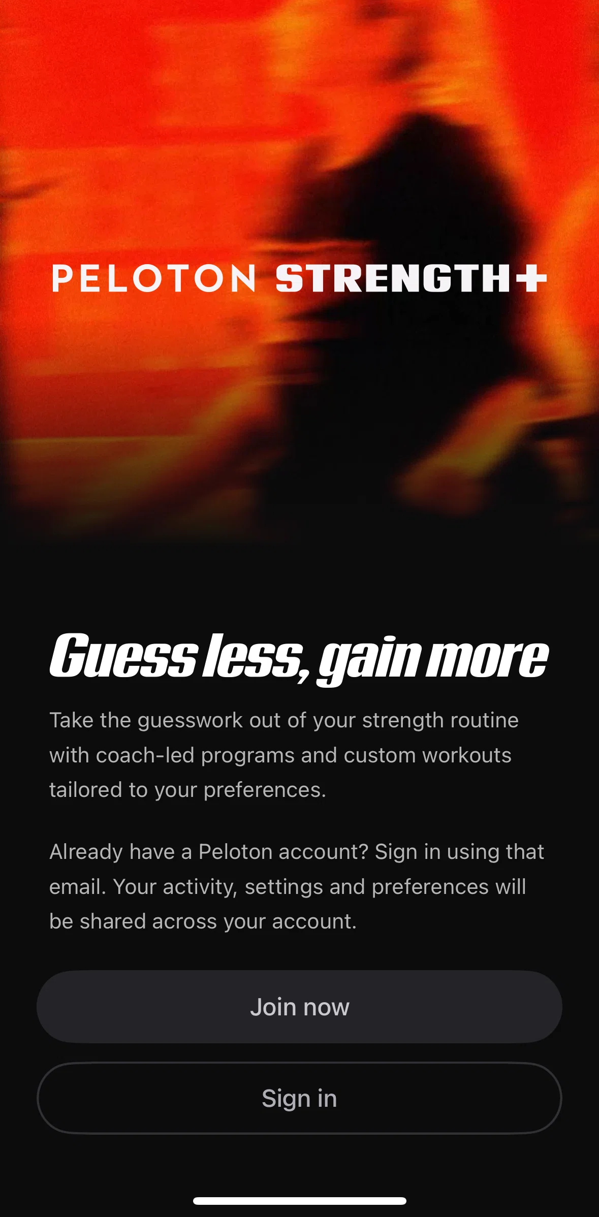Peloton Strength+ Screen screen in the Logging in flow