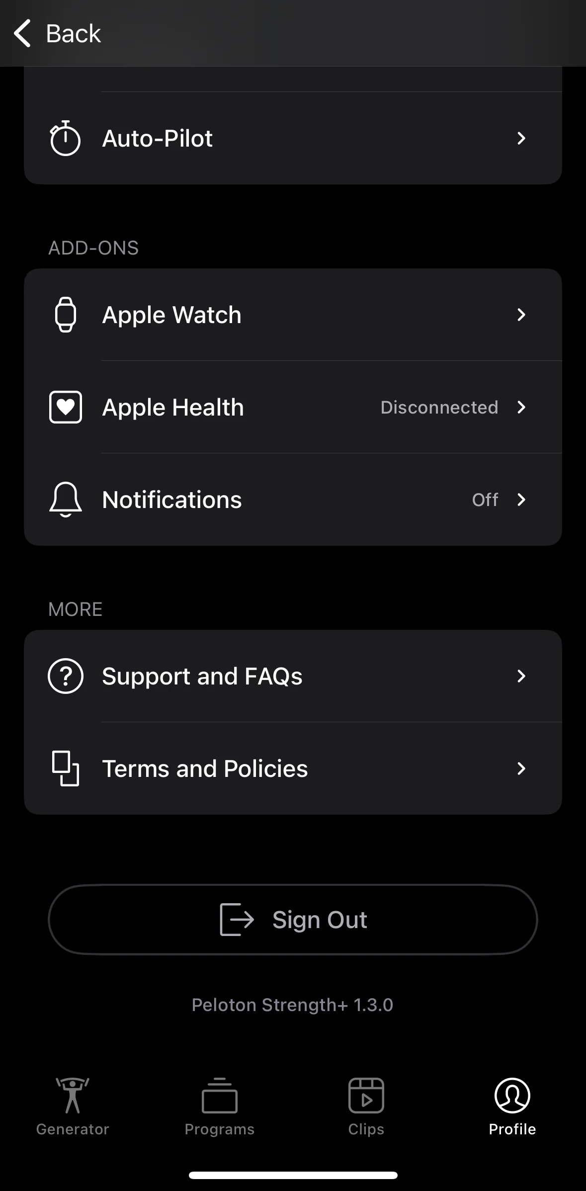 Peloton Strength+ Screen screen in the Logging out flow