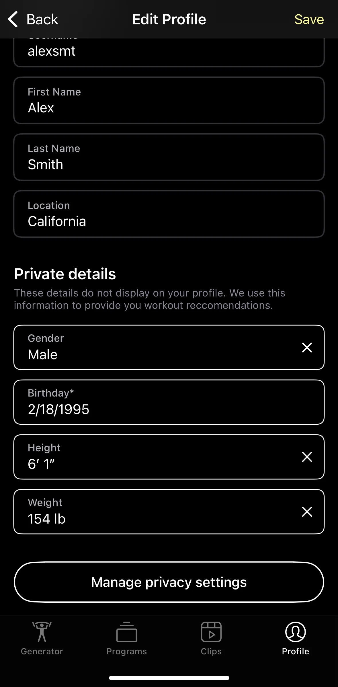 Peloton Strength+ Screen screen in the Managing privacy settings flow