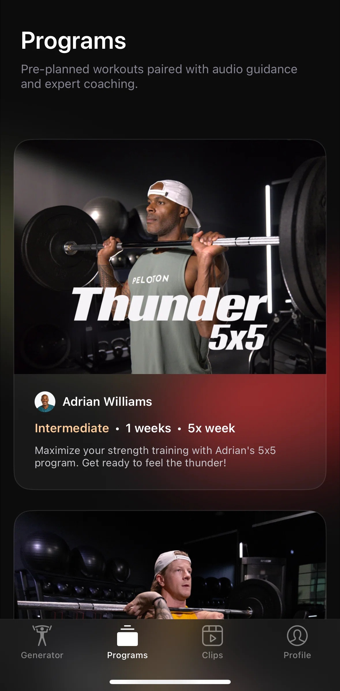 Peloton Strength+ Screen screen in the Program detail flow