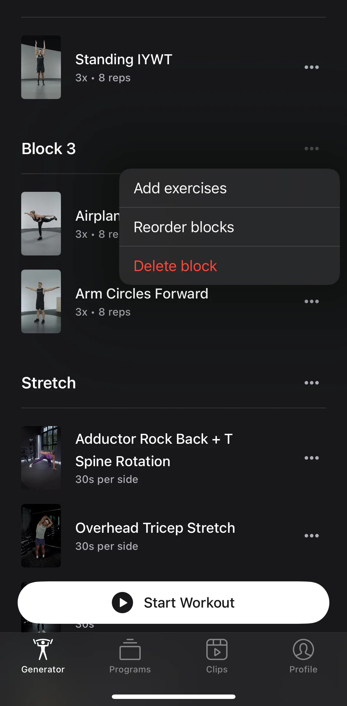 Peloton Strength+ Screen screen in the Reordering blocks flow