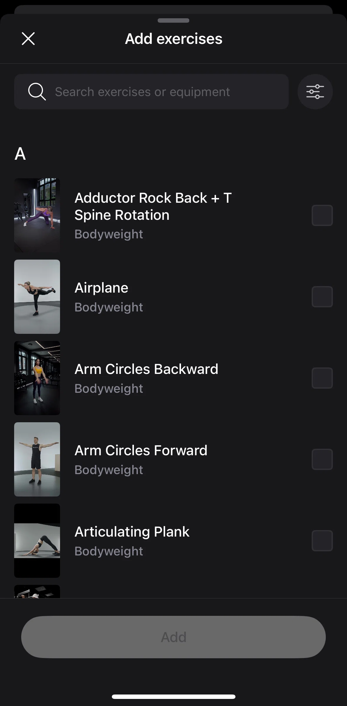 Peloton Strength+ Screen screen in the Searching exercises flow