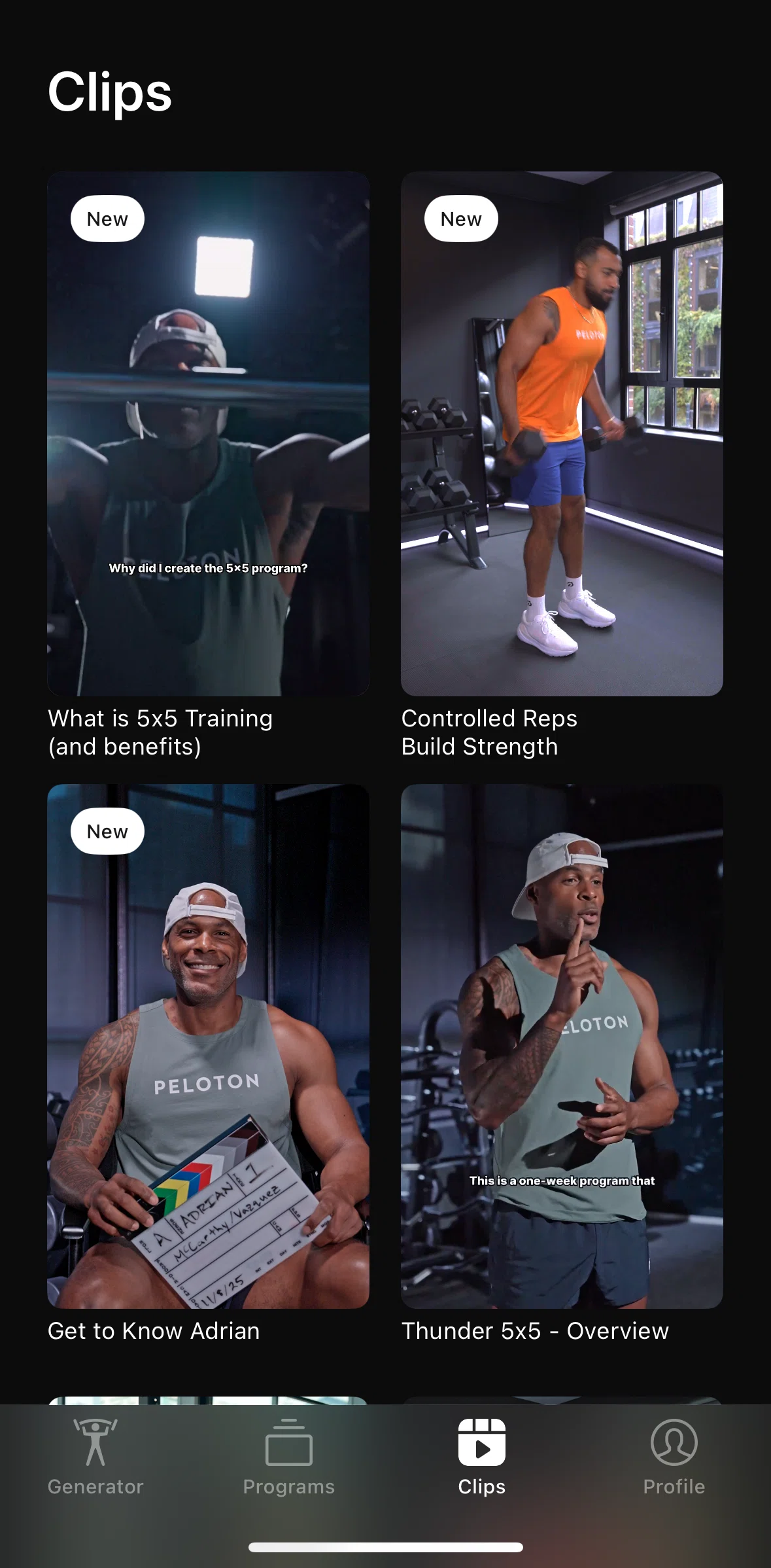 Peloton Strength+ Screen screen in the View a clip flow
