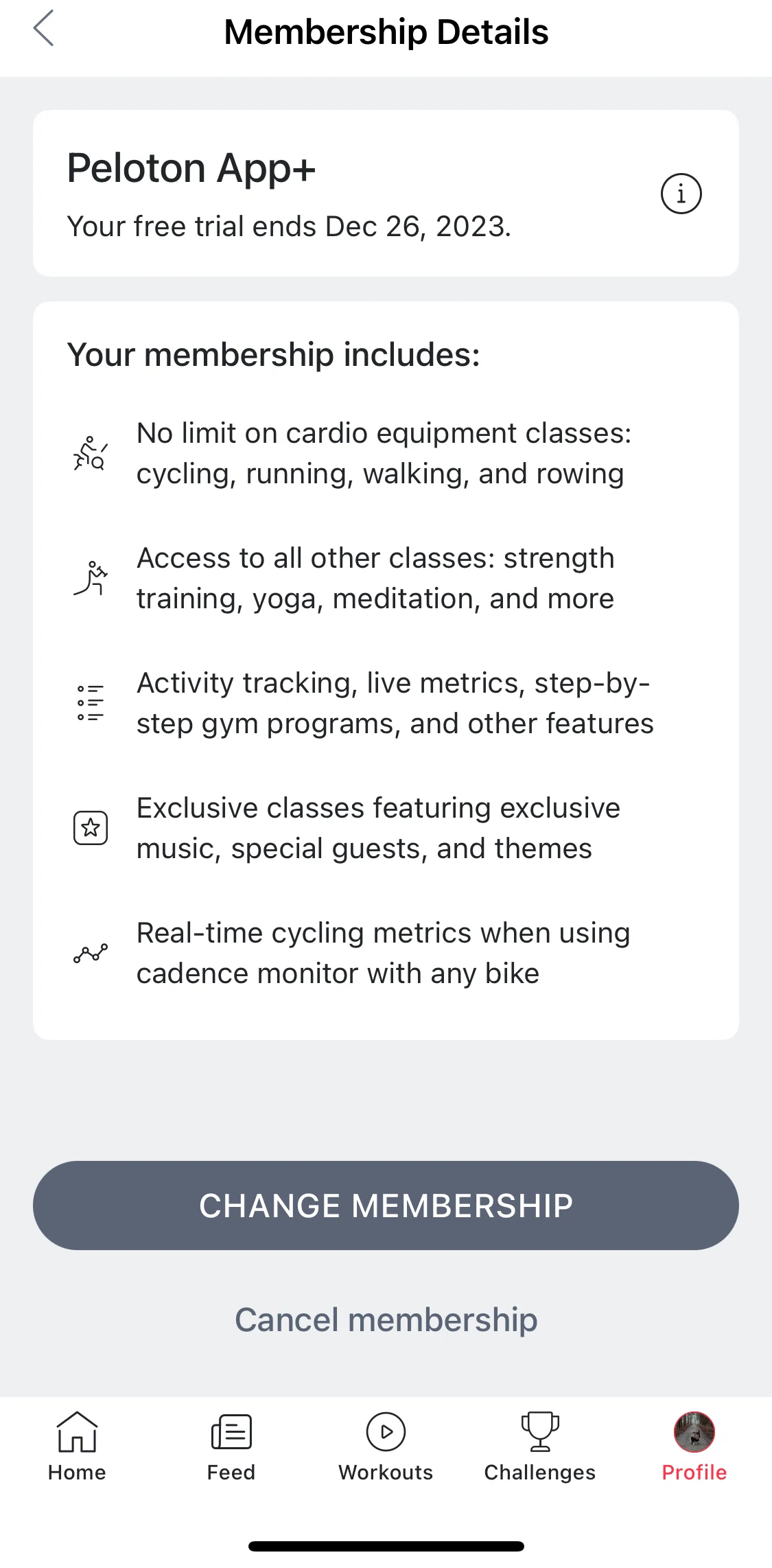 Peloton Screen screen in the Change membership flow