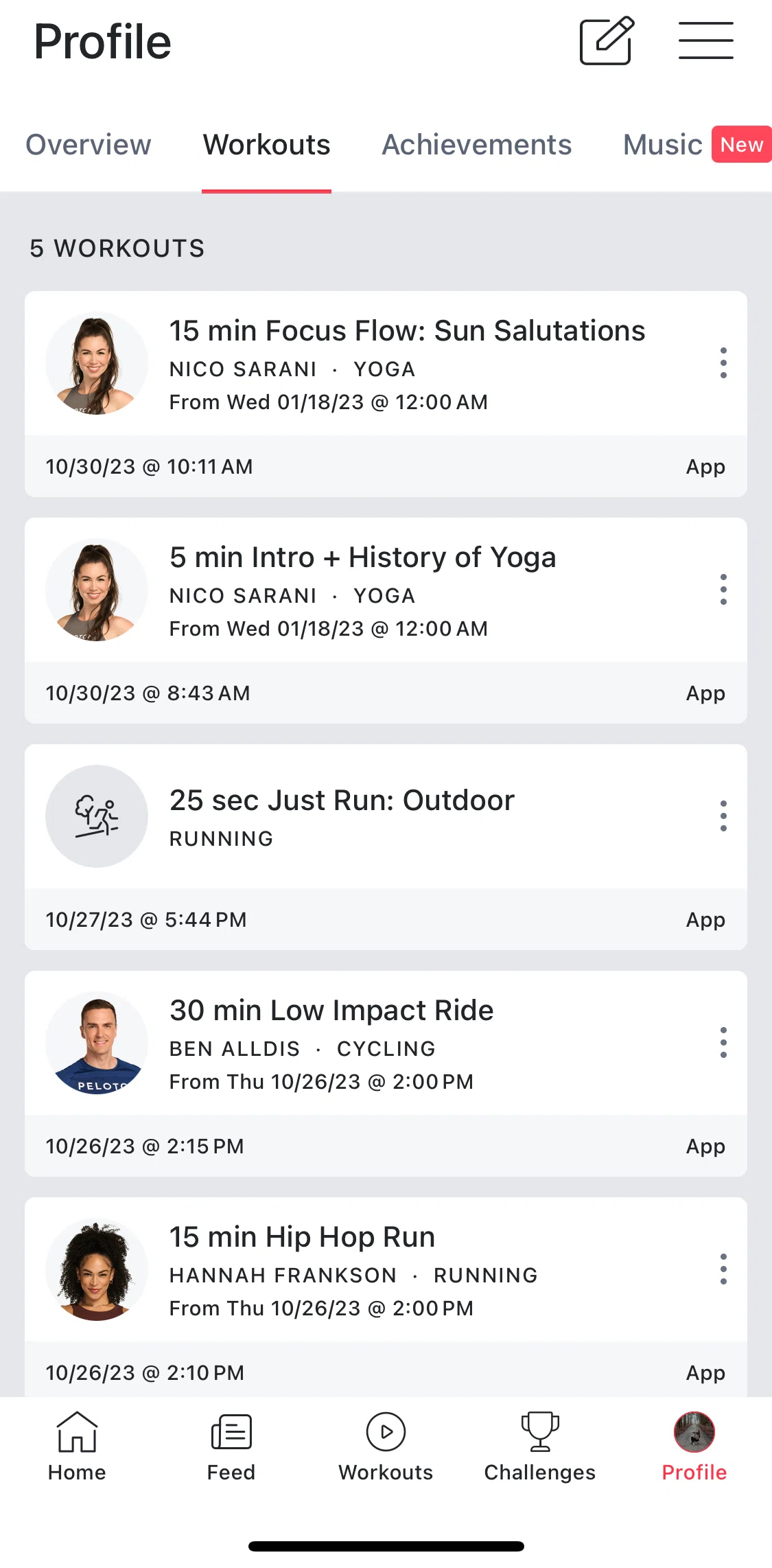 Peloton Screen screen in the Deleting a workout flow