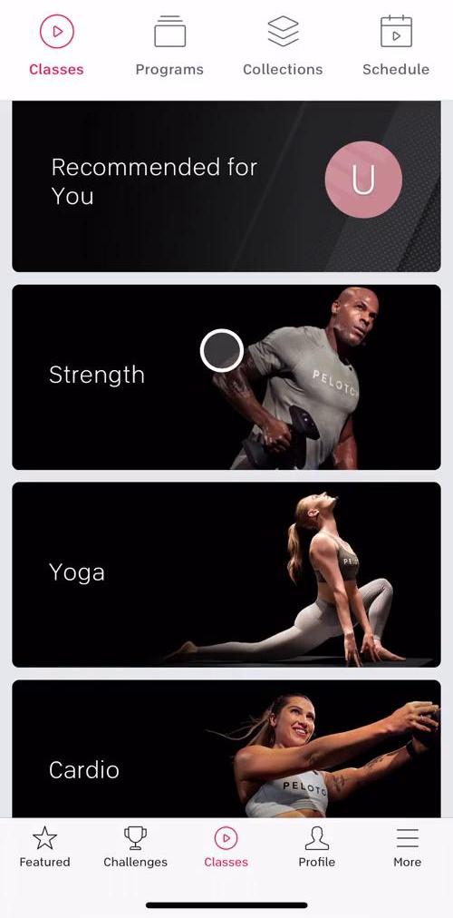 Peloton Classes screen in the Discovering Content flow