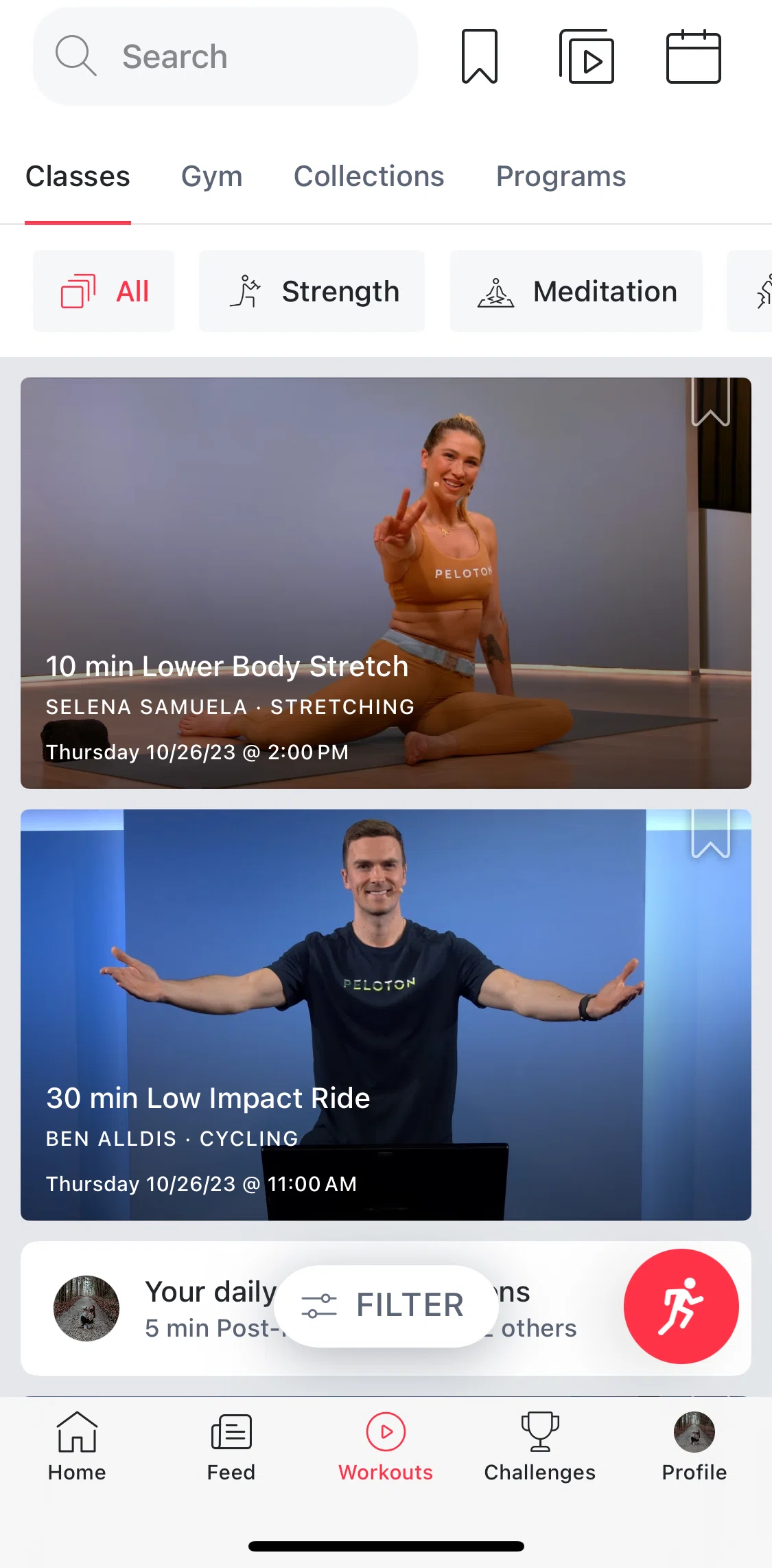 Peloton Screen screen in the Filtering workouts flow