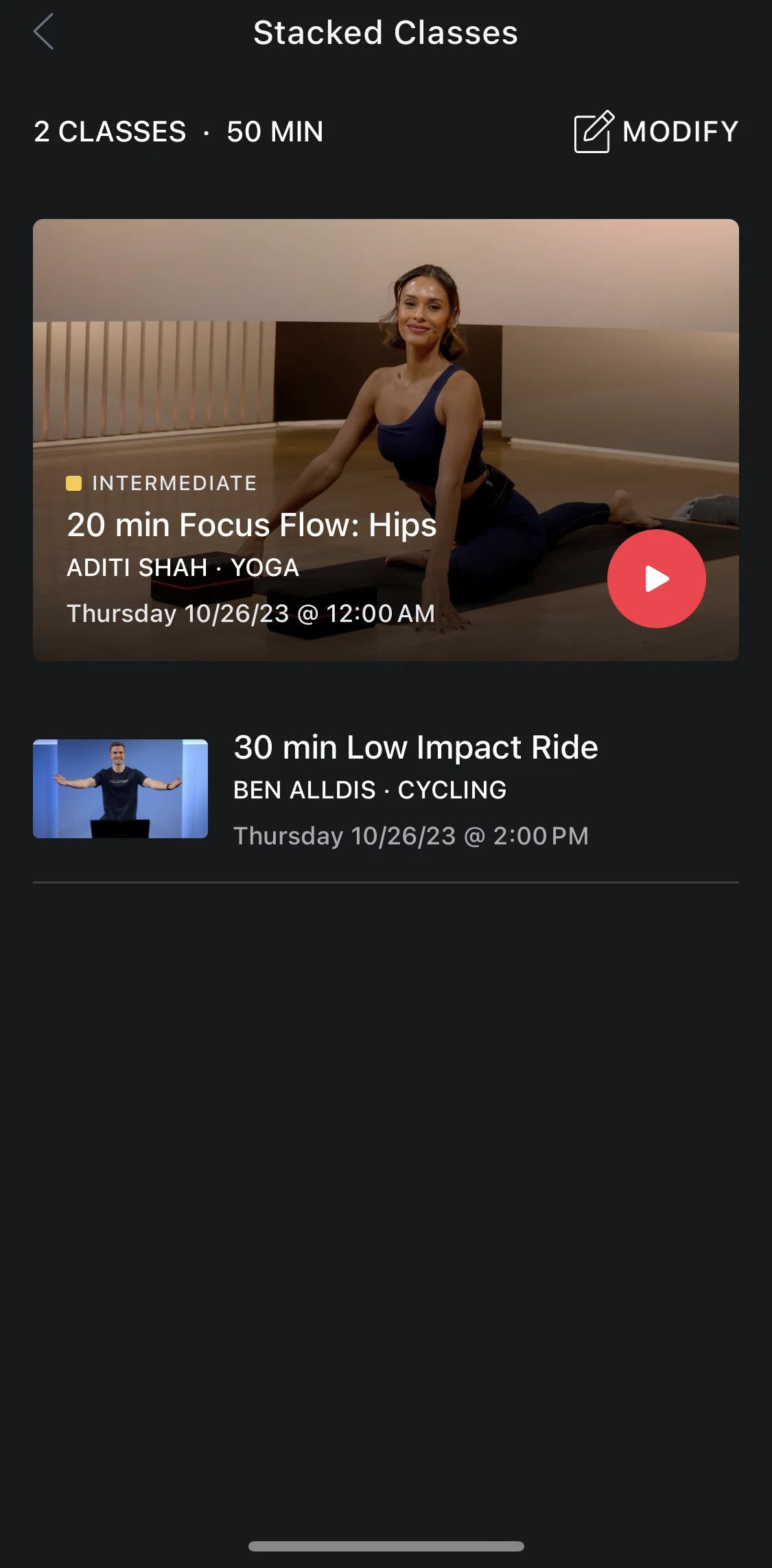 Peloton Screen screen in the Modifying stacked classes flow