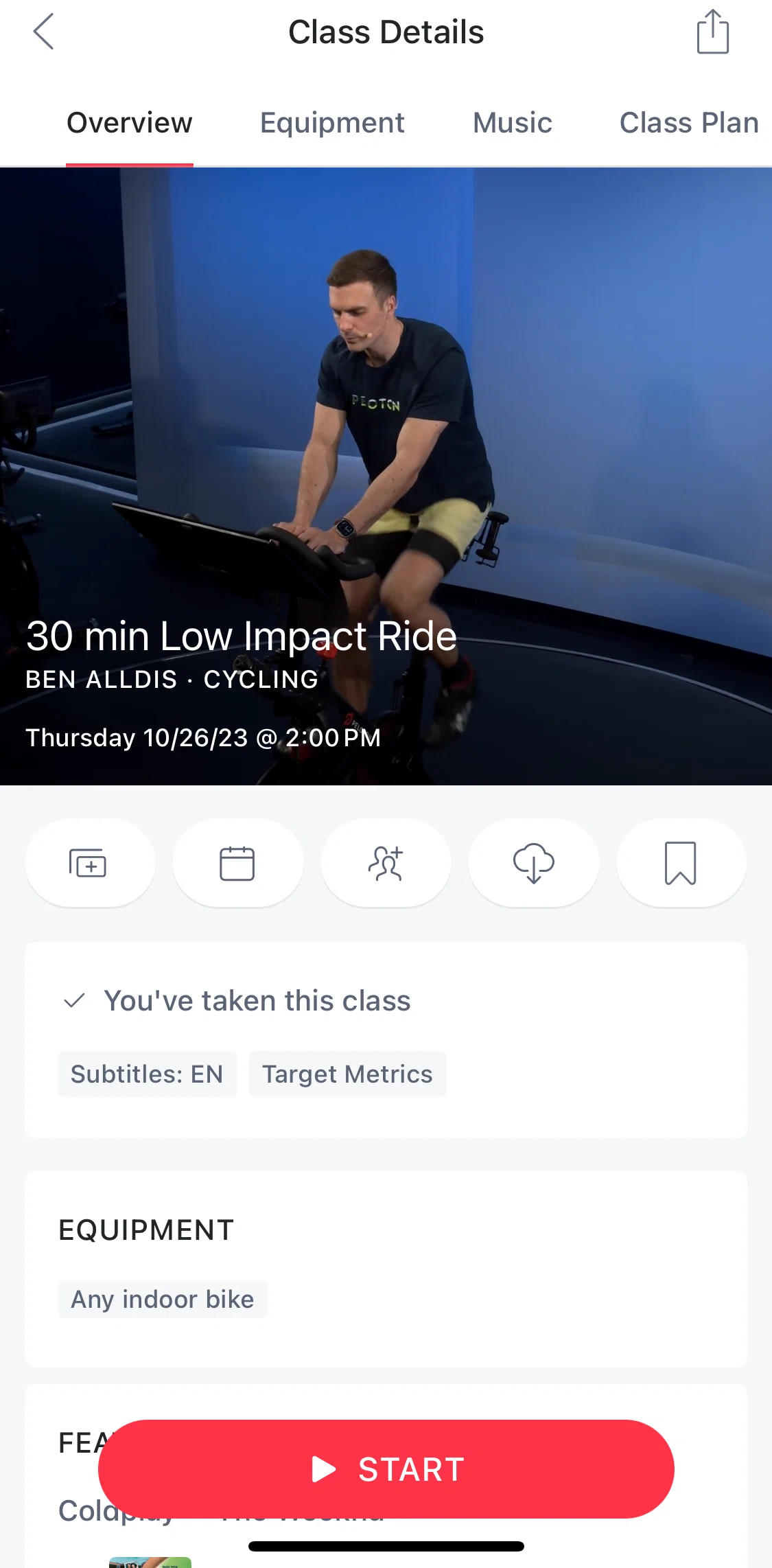 Peloton Screen screen in the Preloading a class flow