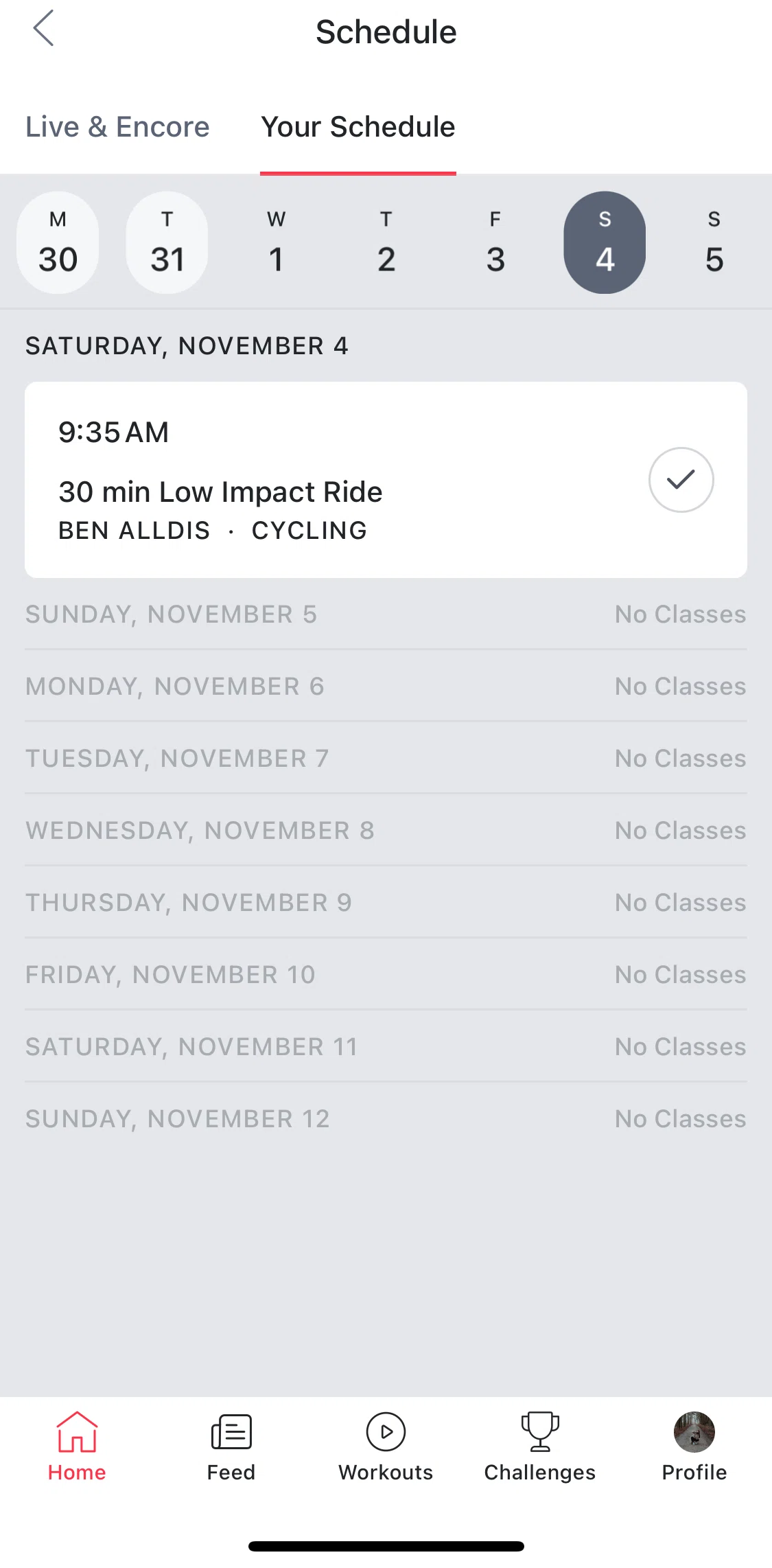 Peloton Screen screen in the Removing a scheduled class flow
