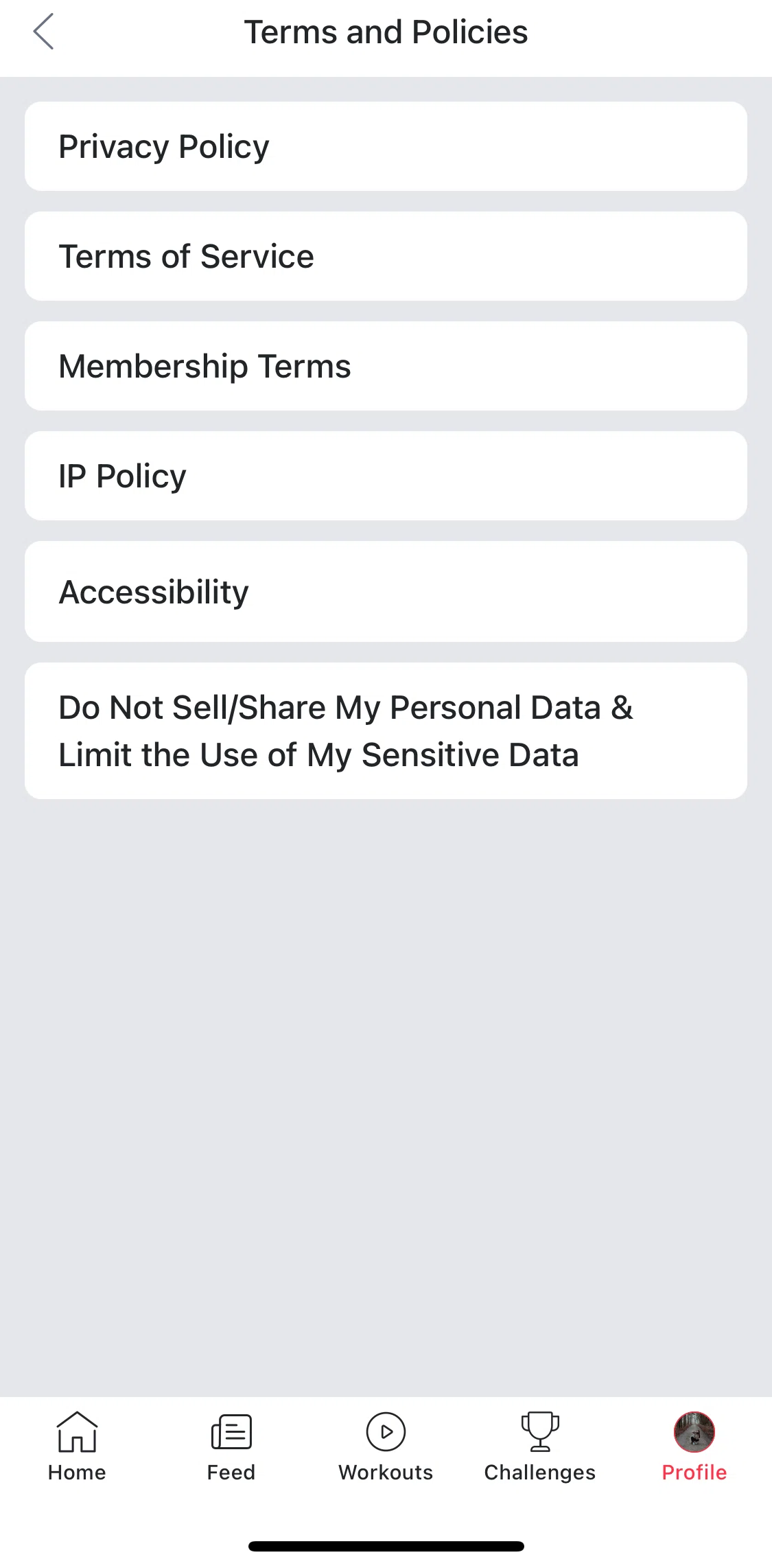 Peloton Screen screen in the Terms of service flow