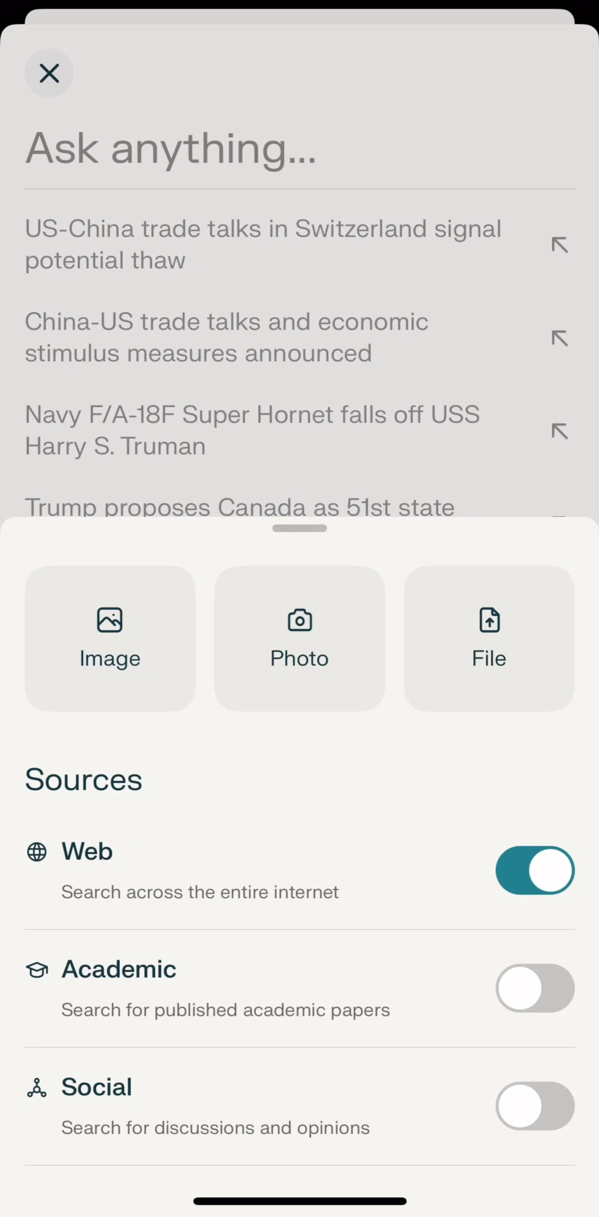 Perplexity Screen screen in the Enabling academic sources flow