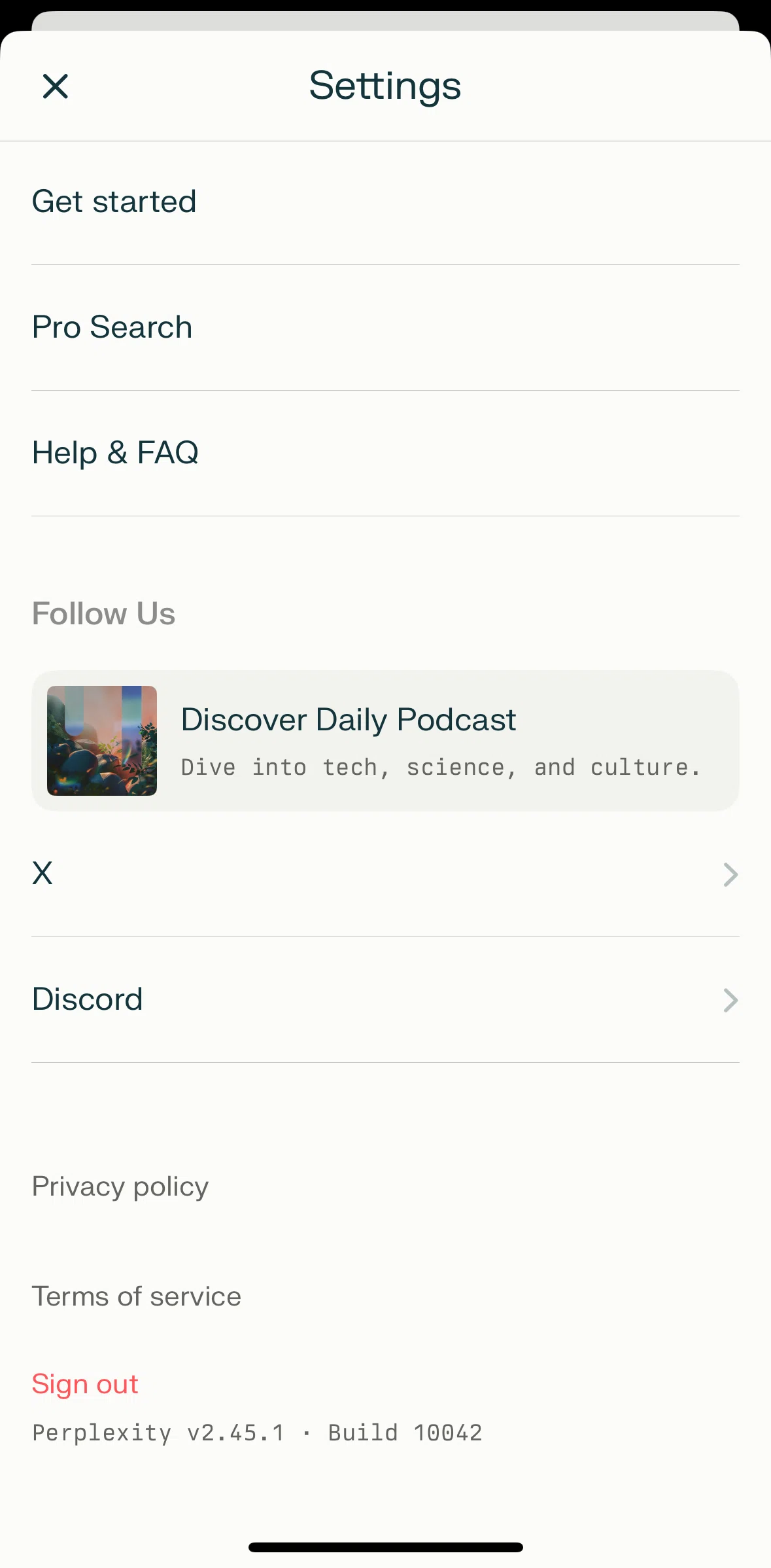 Perplexity Screen screen in the Logging out flow