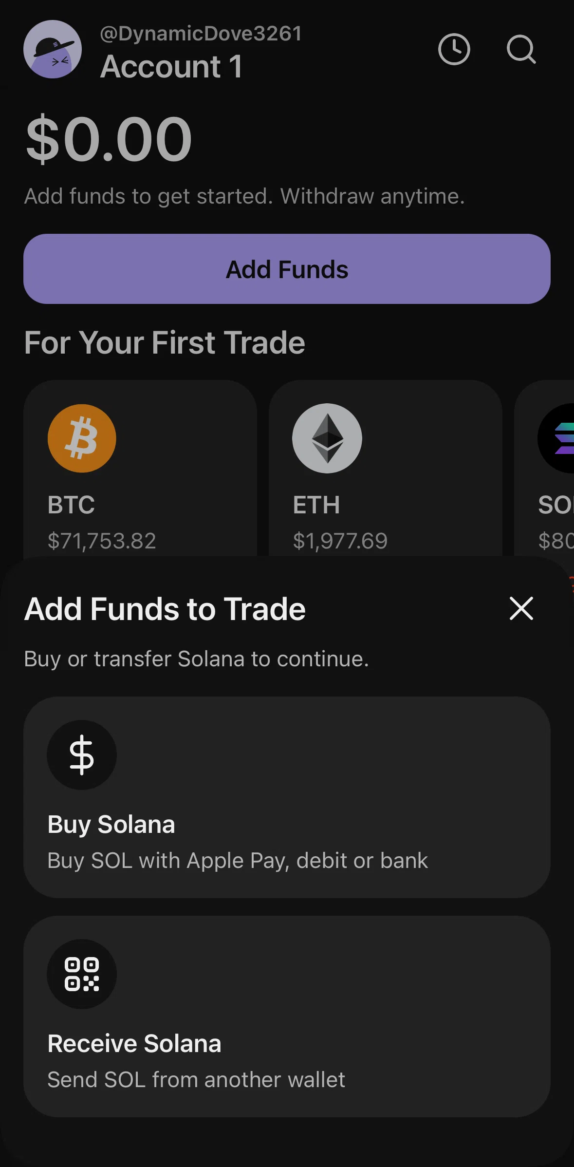 Phantom Screen screen in the Adding funds (receive Solana) flow