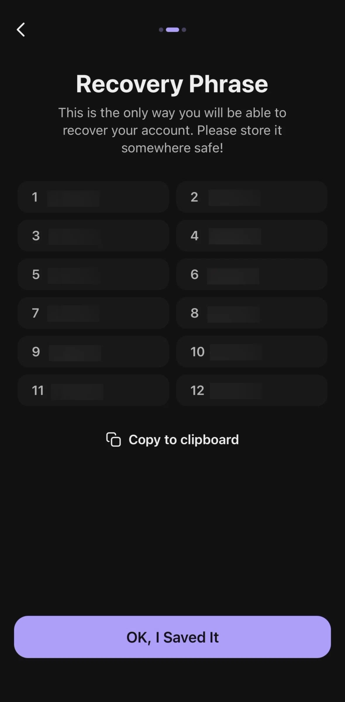 Phantom Screen screen in the Copying a recovery phrase flow