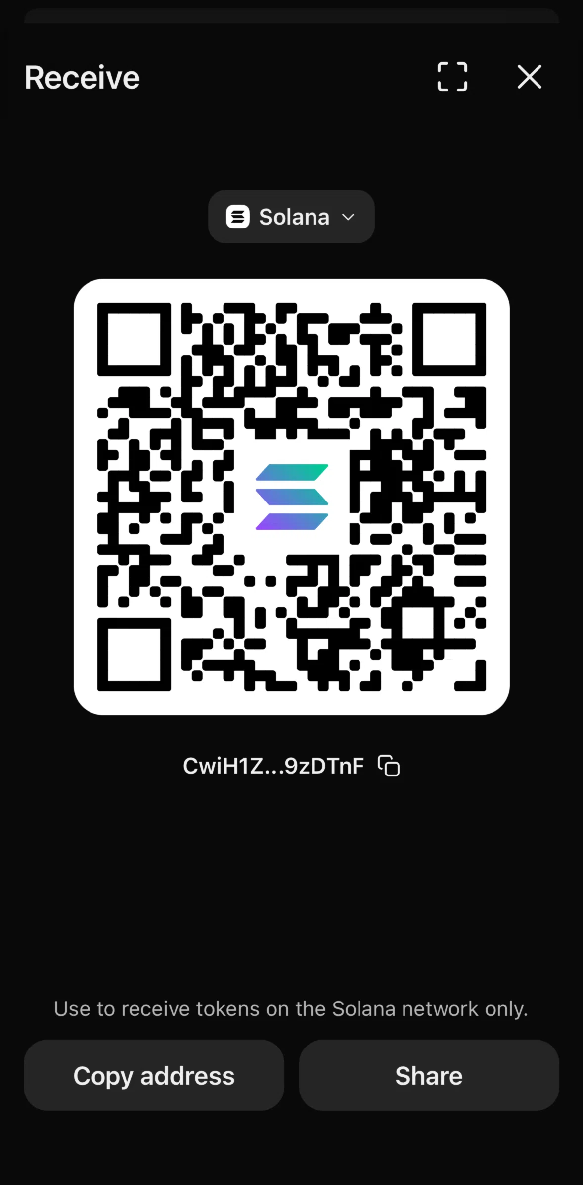 Phantom Screen screen in the Copying a wallet address flow