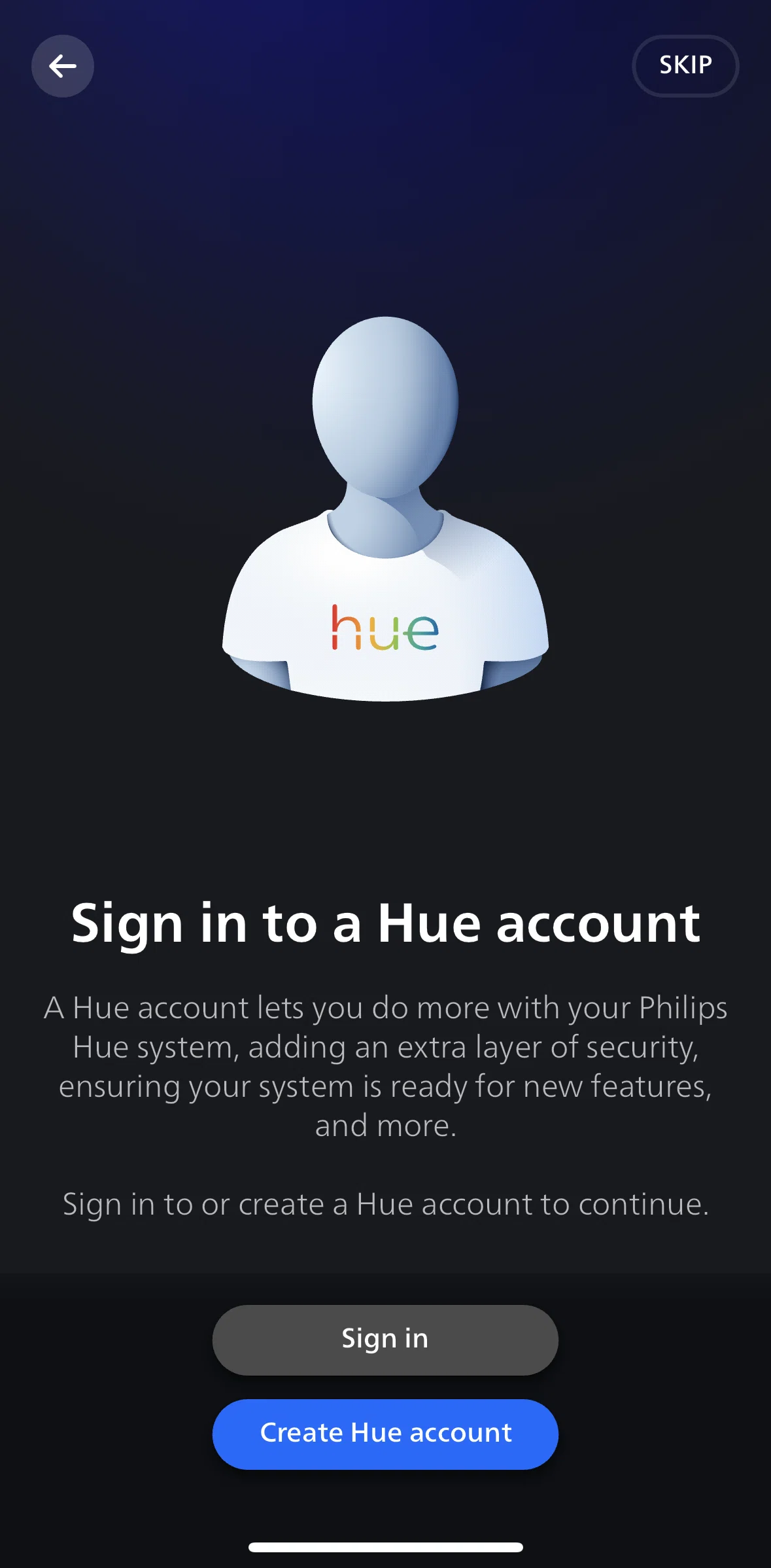 Philips Hue Screen screen in the Creating an account flow