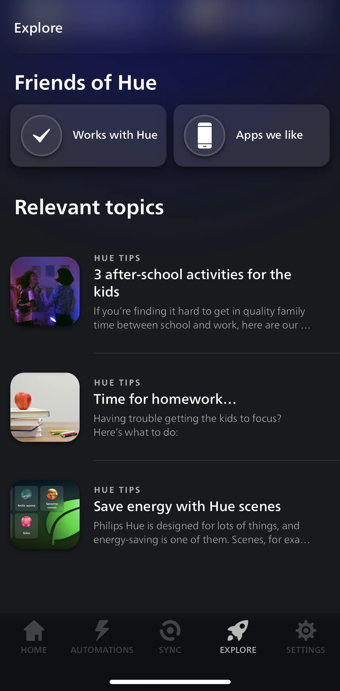 Philips Hue Screen screen in the Relevant topics flow