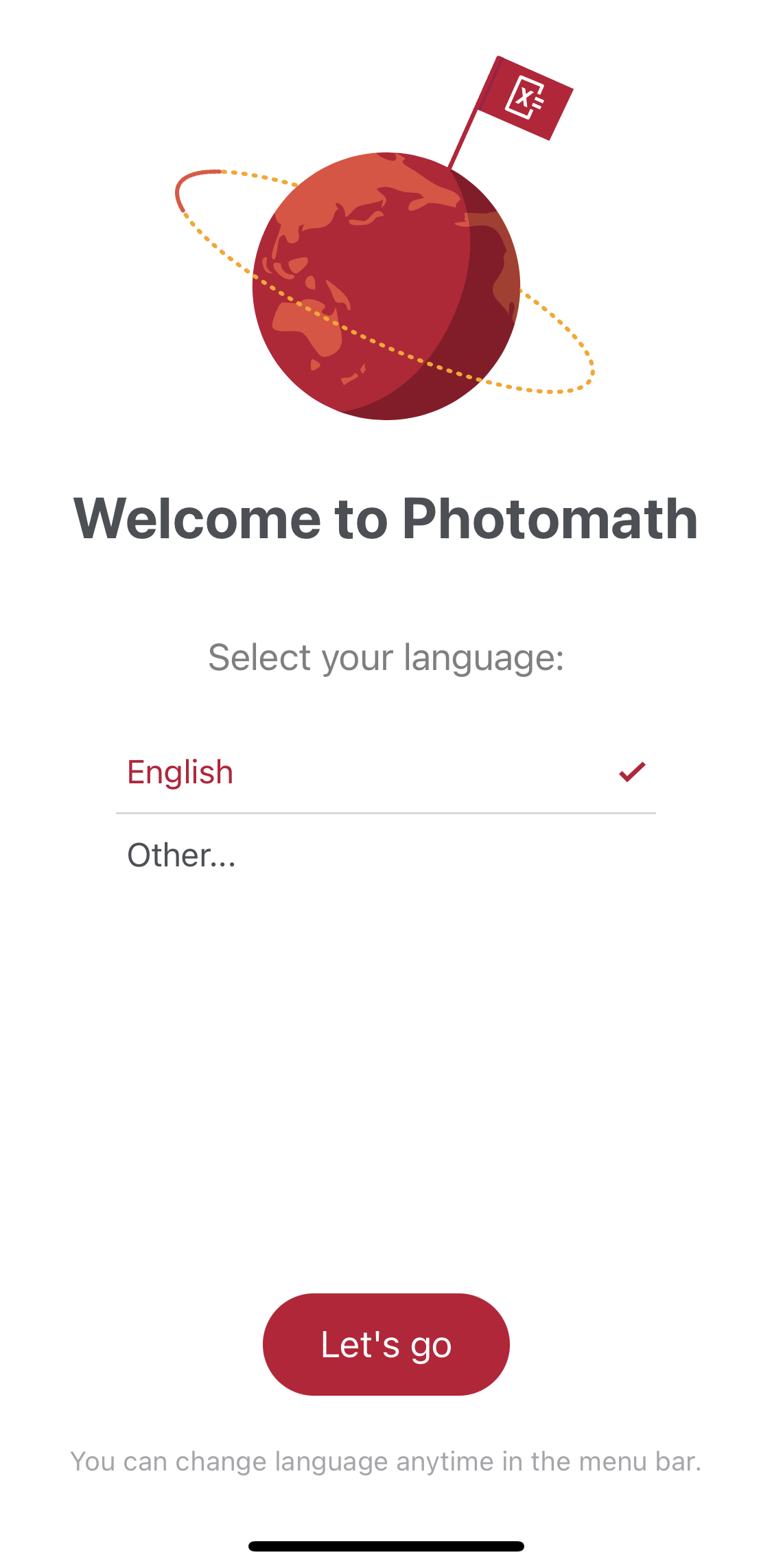 Photomath Select language screen in the General Browsing flow
