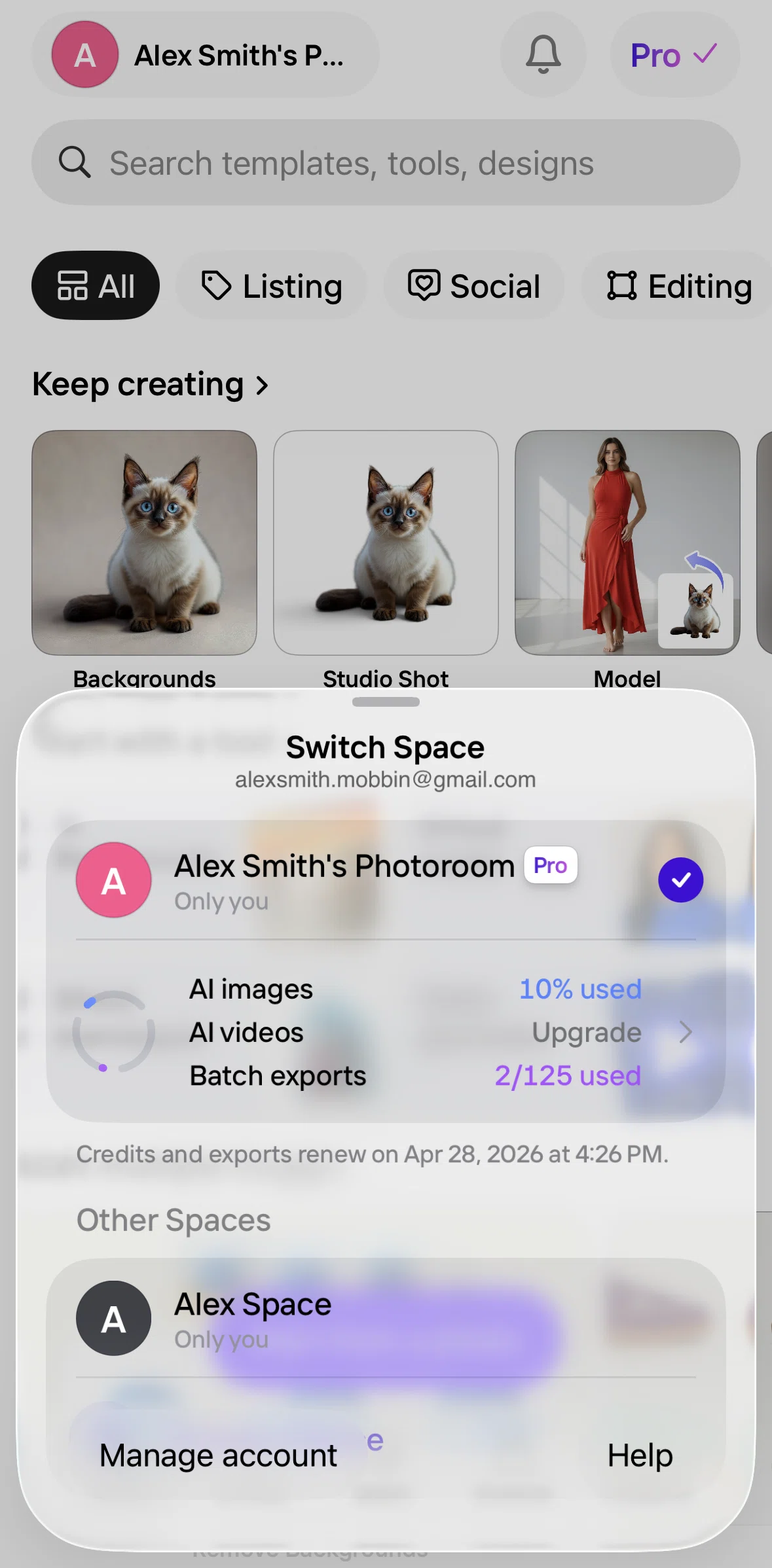 Photoroom Screen screen in the Account flow