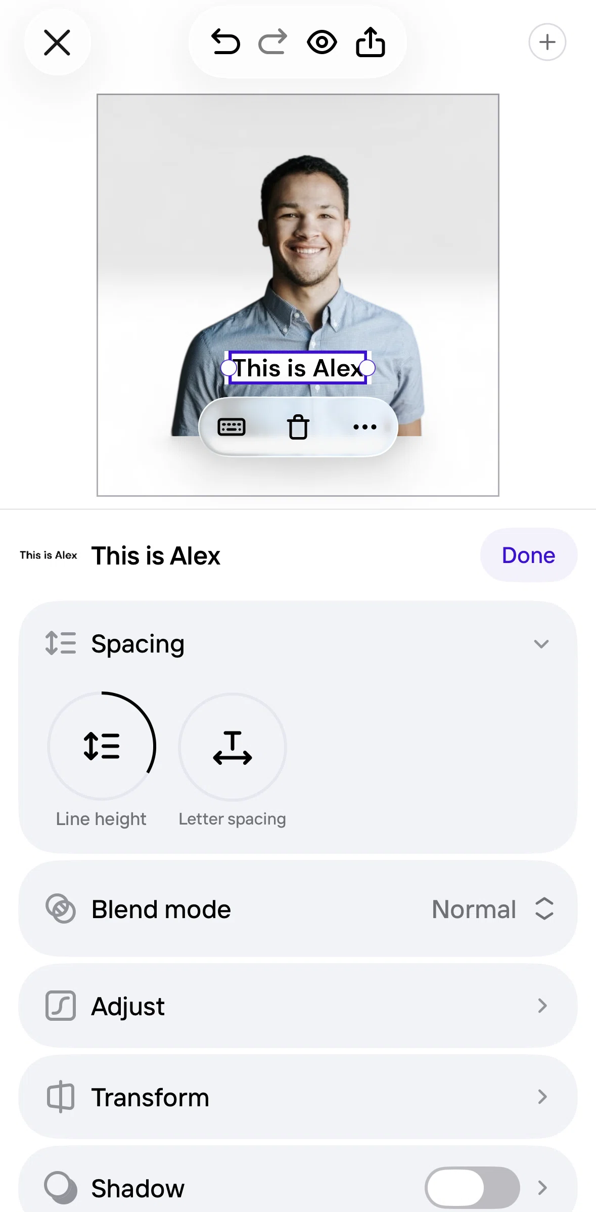 Photoroom Screen screen in the Adding text shadow flow