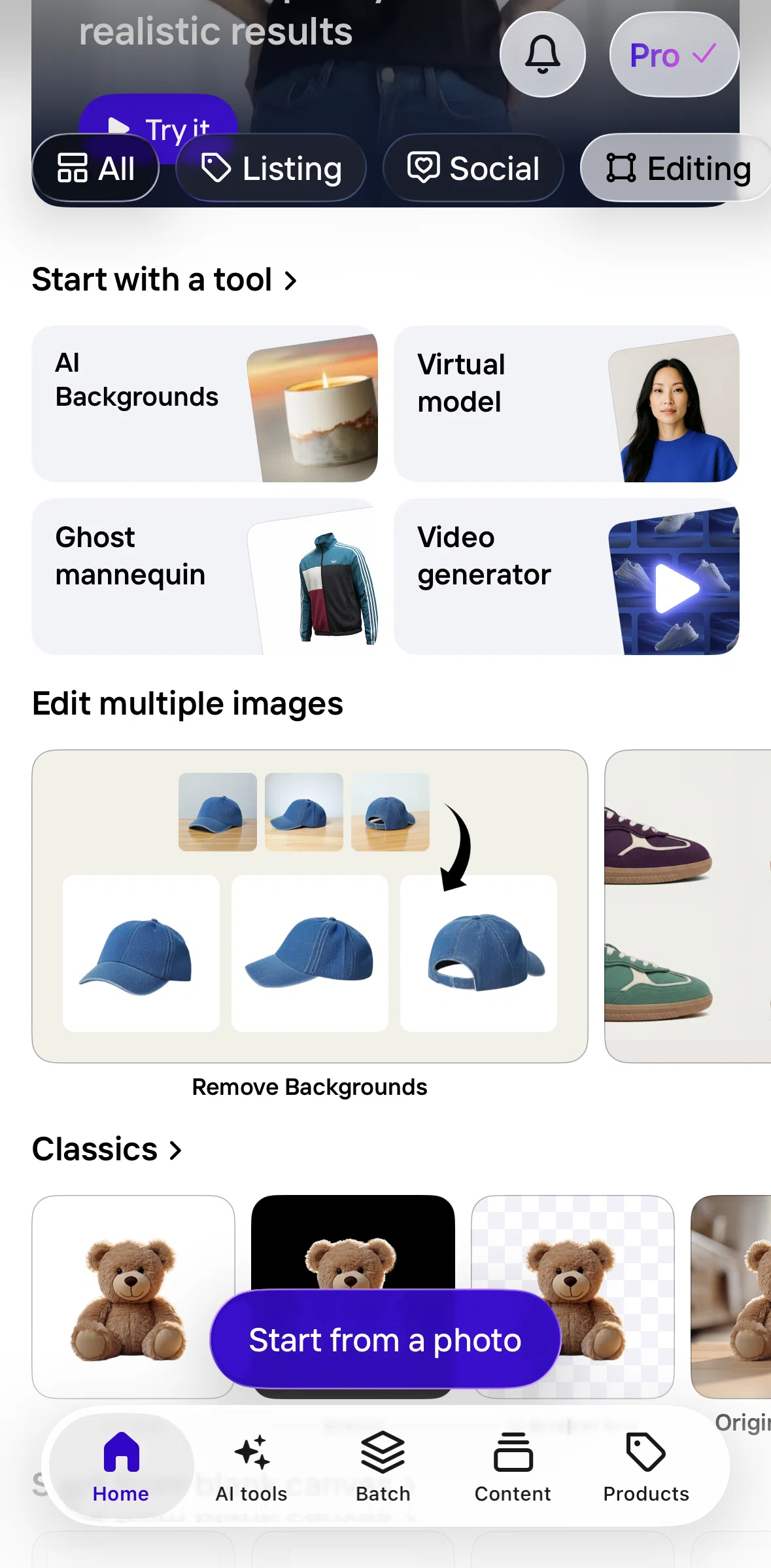 Photoroom Screen screen in the Generating a photo (virtual model) flow