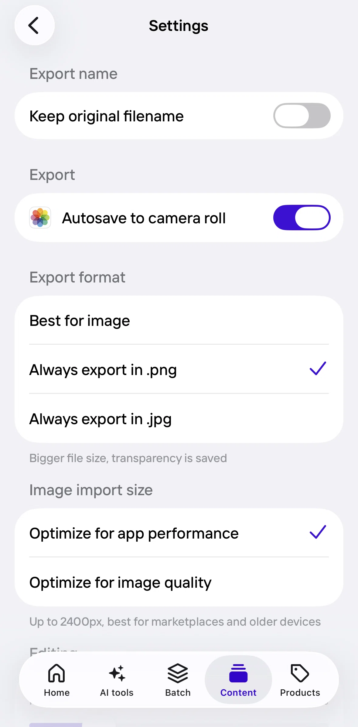 Photoroom Screen screen in the Turning on keep original filename flow