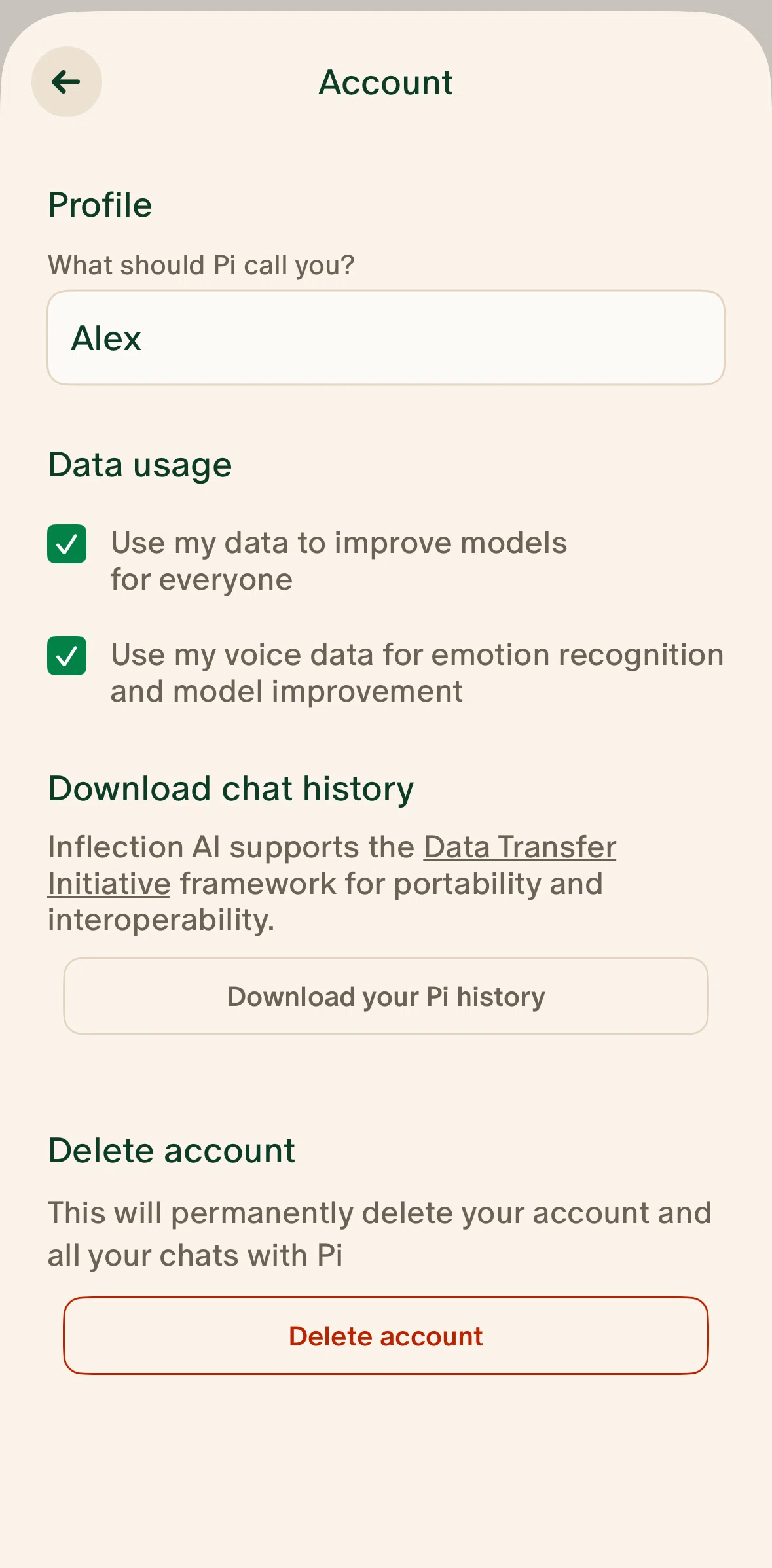 Pi Screen screen in the Deleting account flow