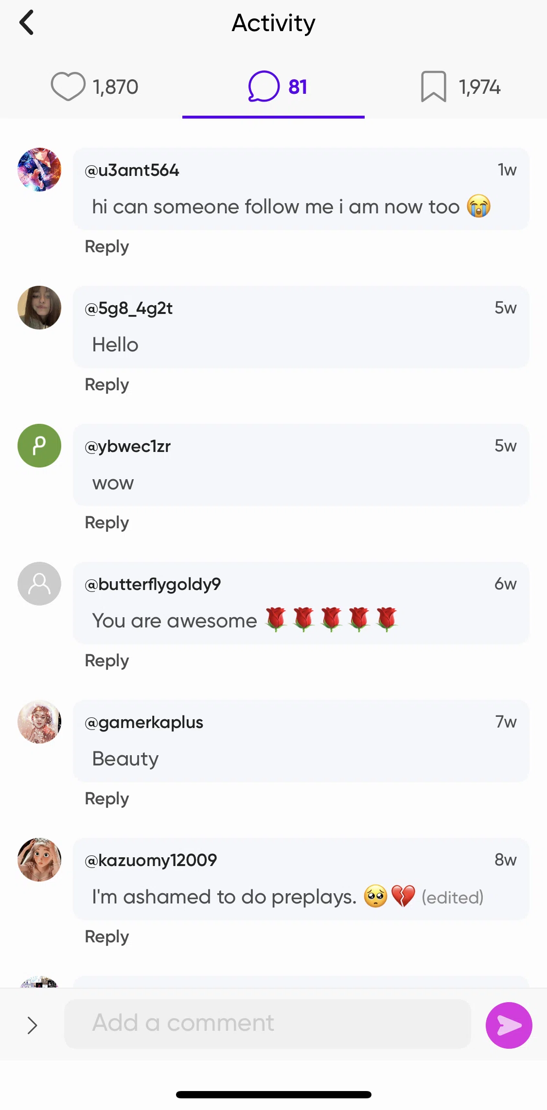 Picsart Screen screen in the Adding a comment flow