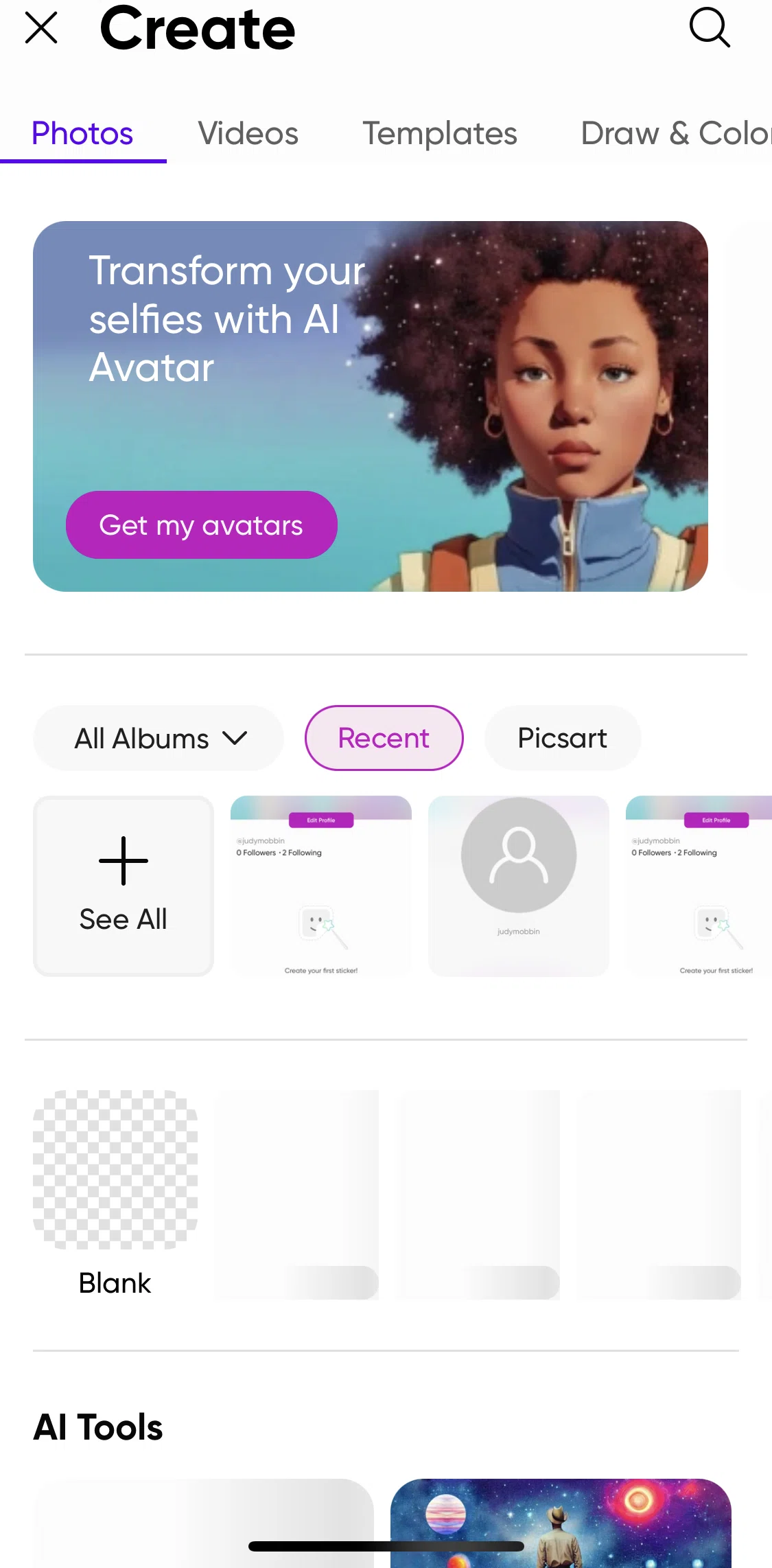 Picsart Screen screen in the Create flow