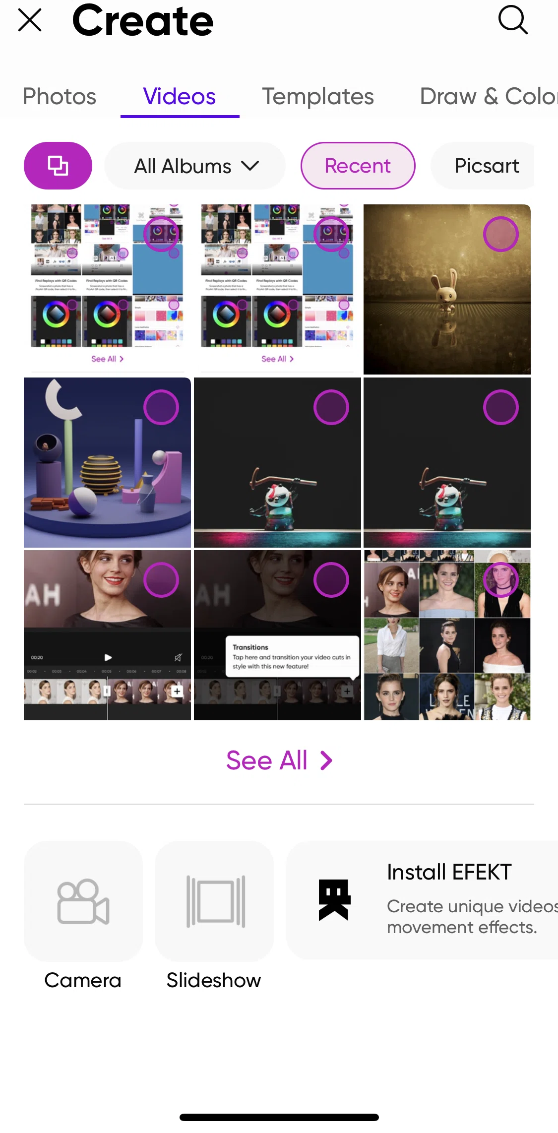 Picsart Screen screen in the Creating a video post flow