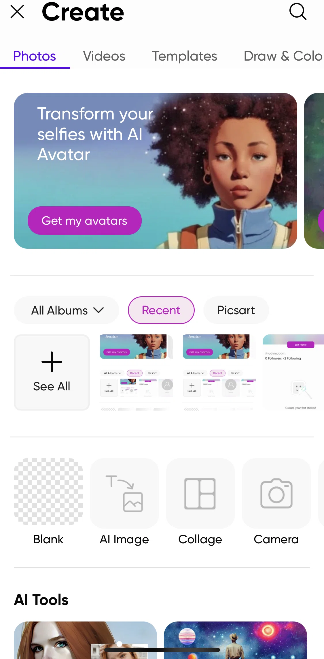 Picsart Screen screen in the Creating an AI avatar flow