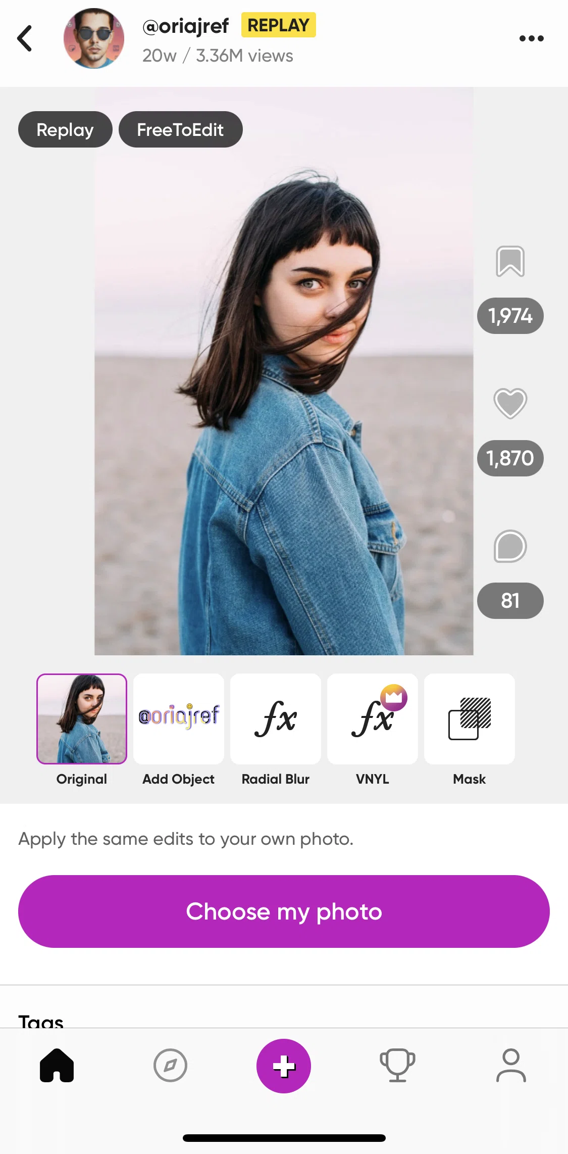 Picsart Screen screen in the Liking a post flow
