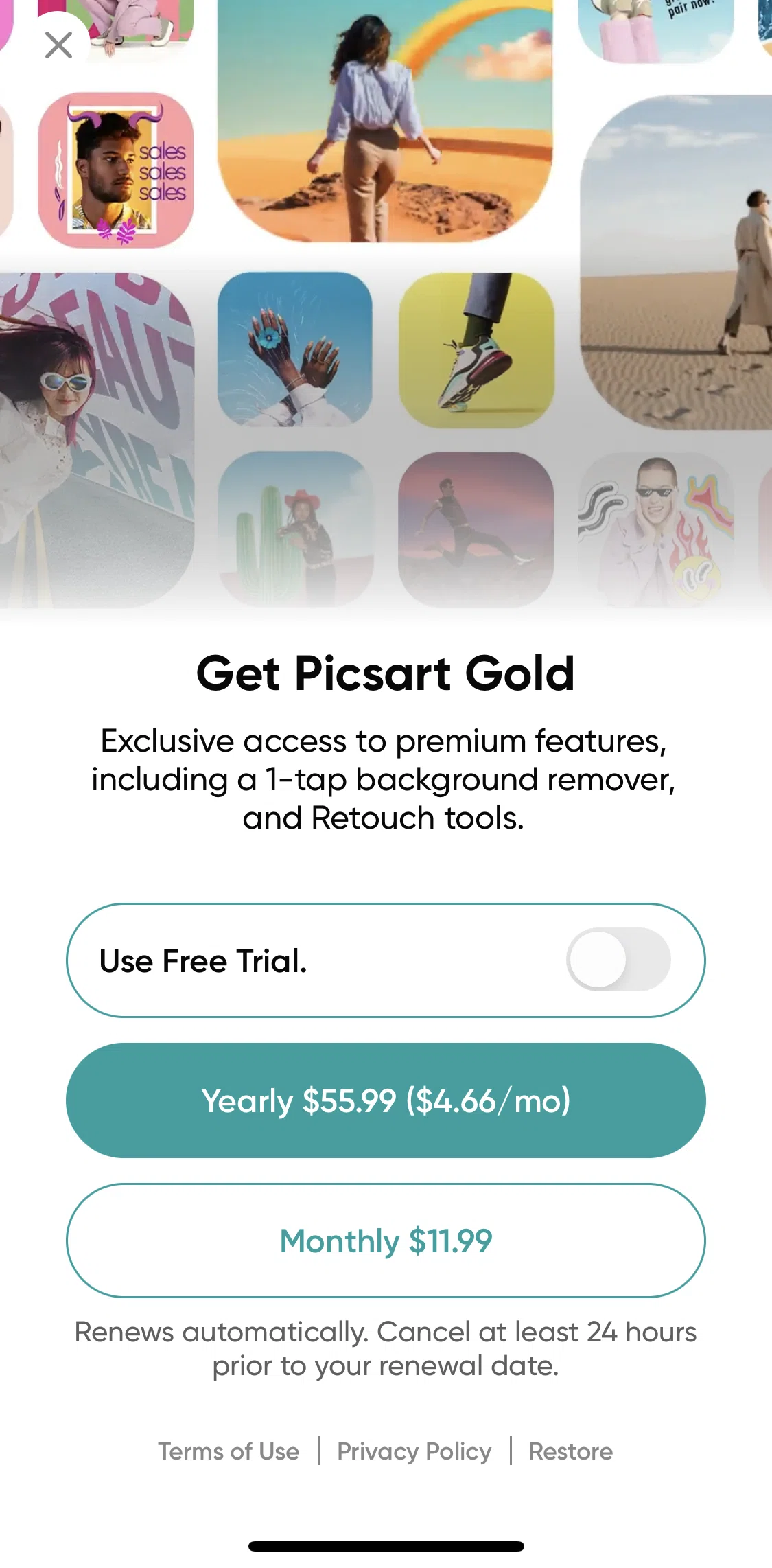 Picsart Screen screen in the Subscribing to Picsart Gold flow