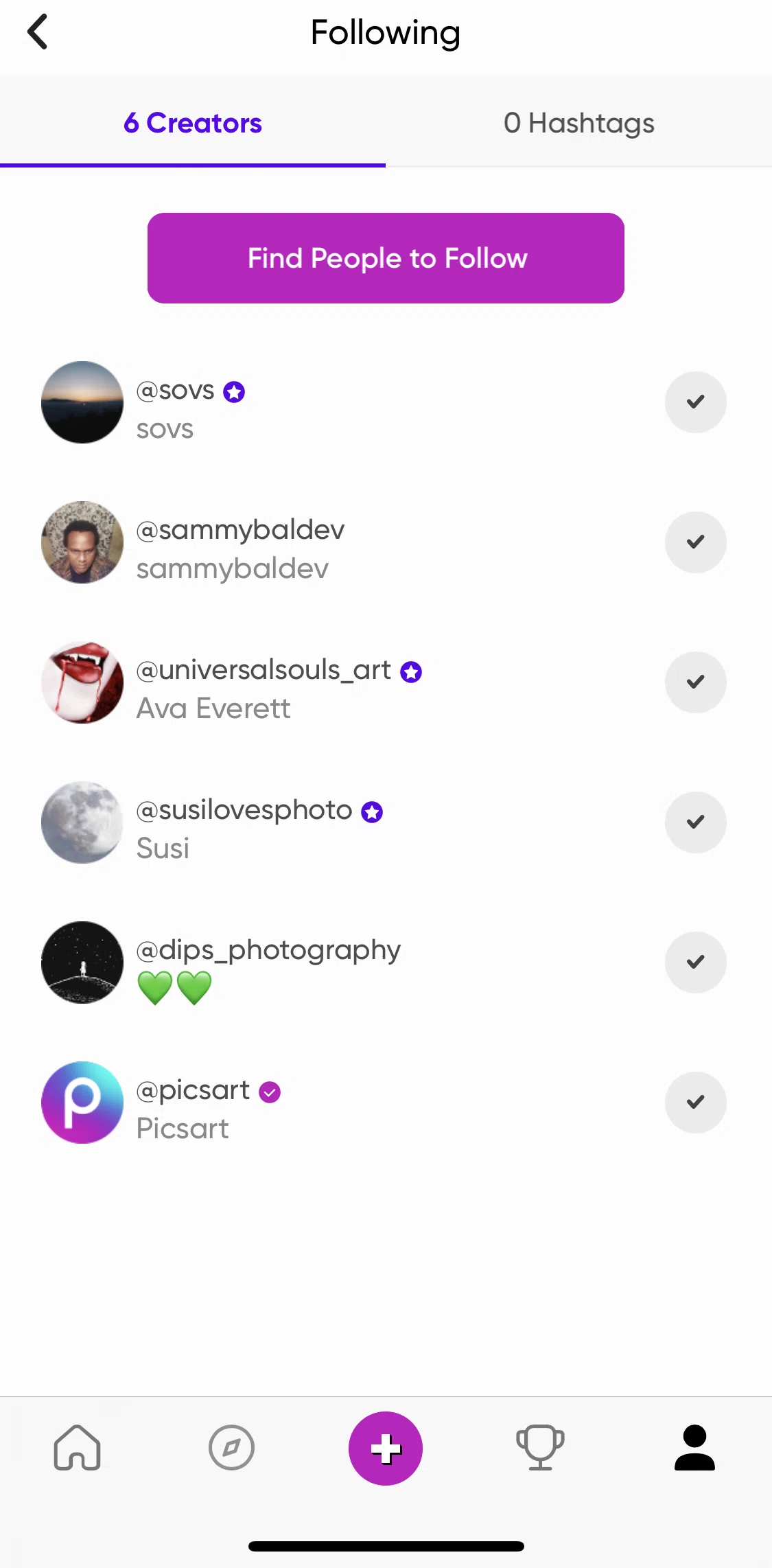 Picsart Screen screen in the Unfollowing a user flow