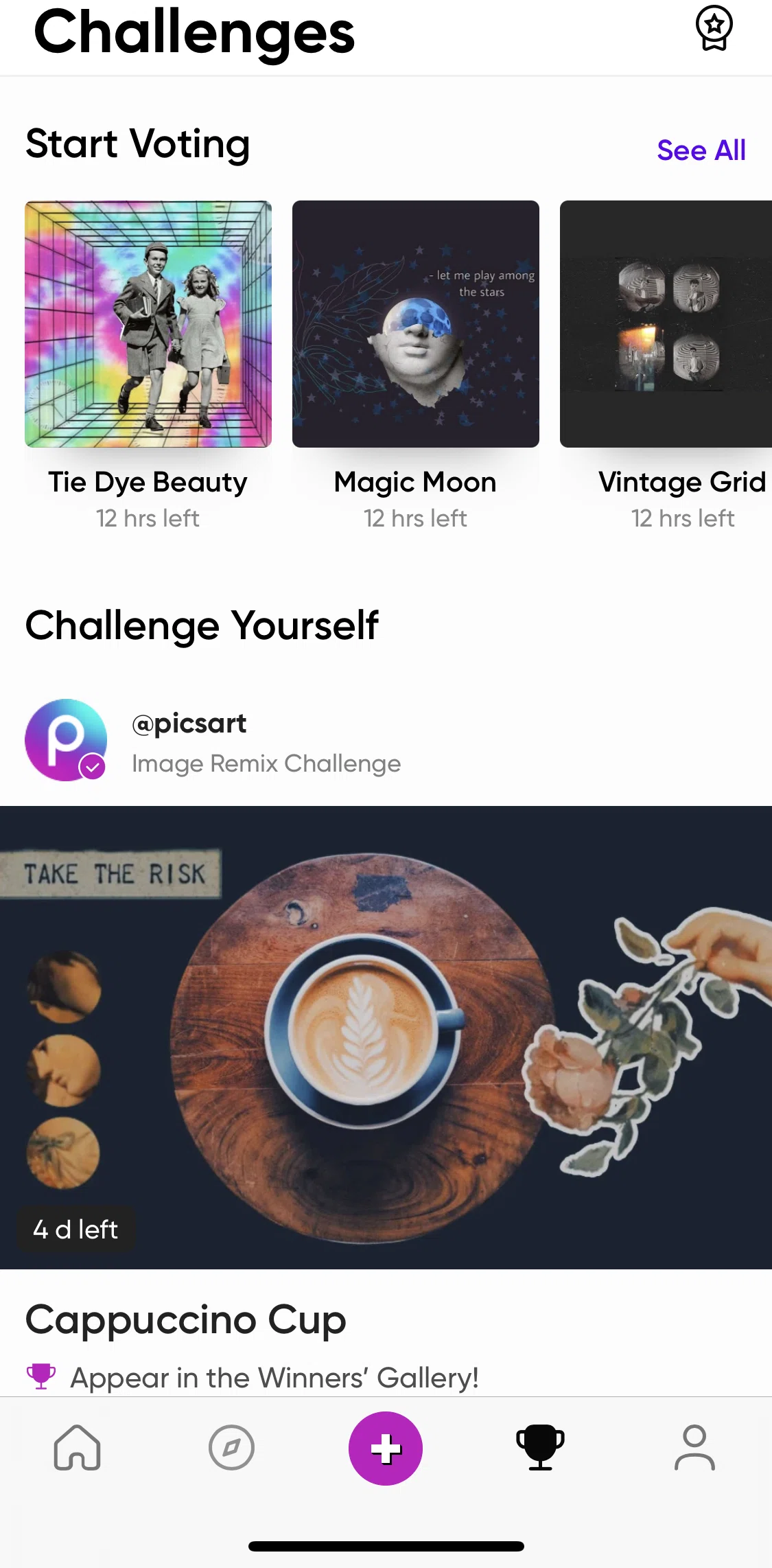 Picsart Screen screen in the Voting for challenge entries flow