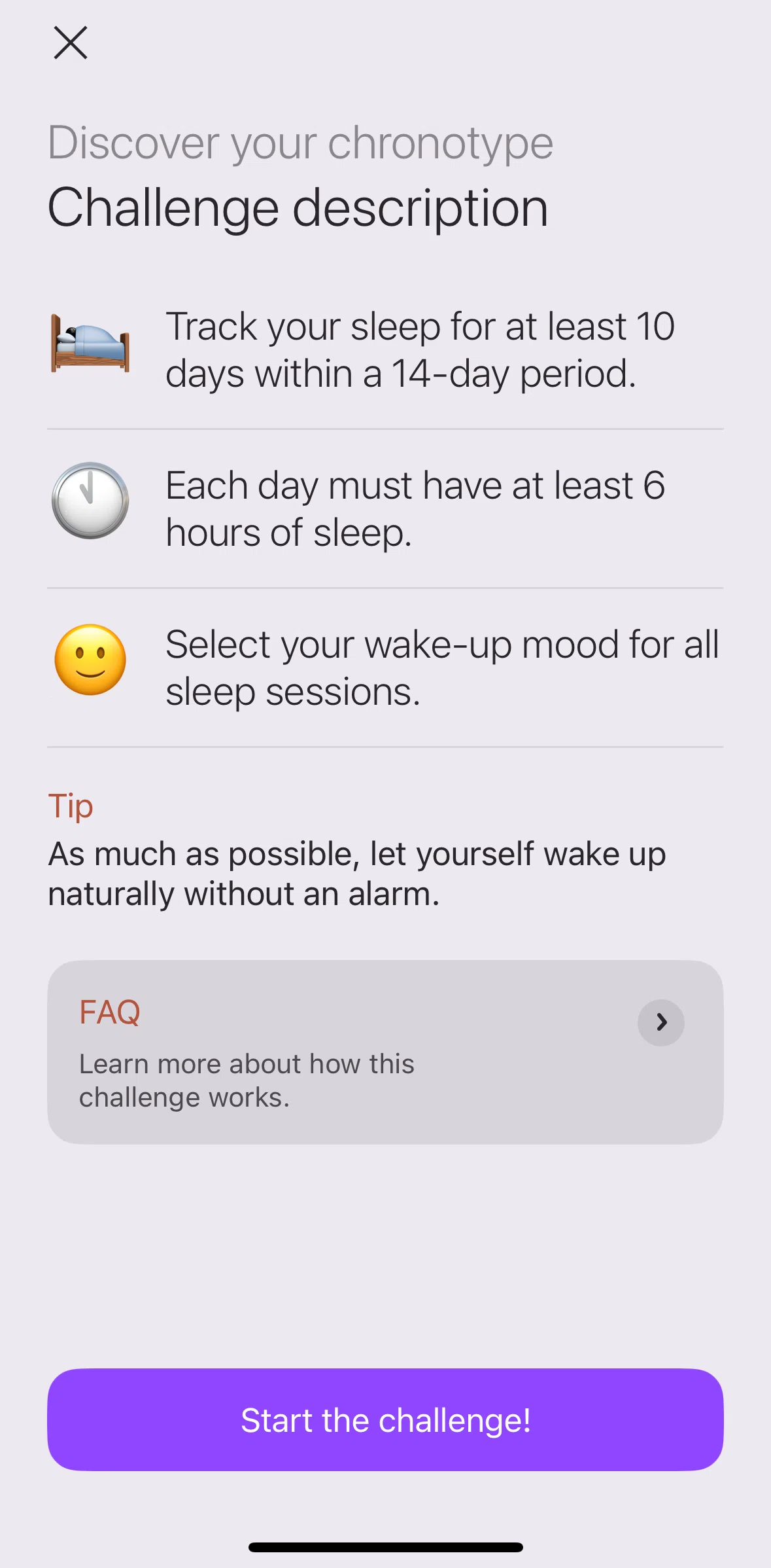 Pillow Screen screen in the Challenge FAQ flow
