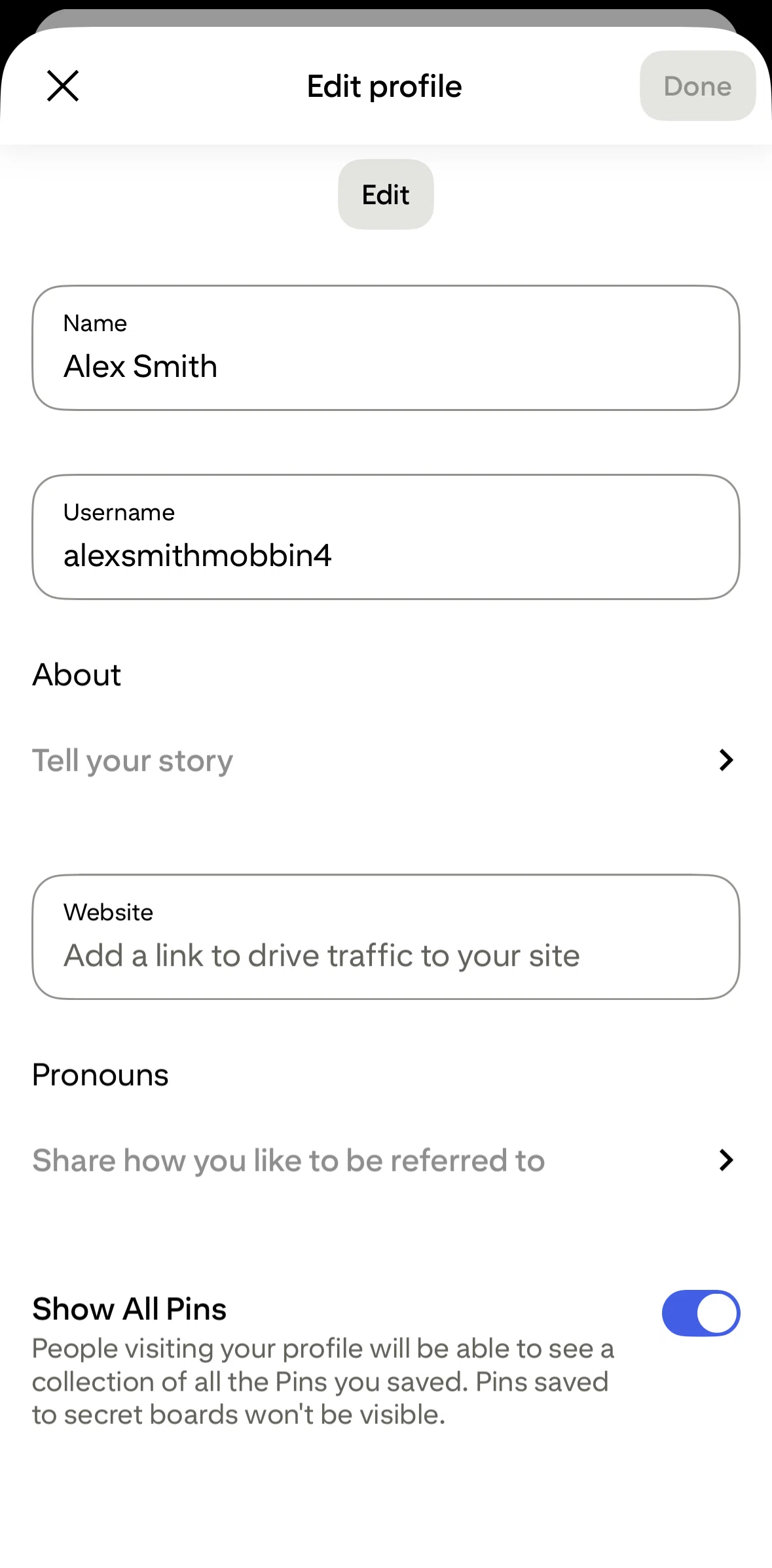 Pinterest Screen screen in the Adding a bio flow