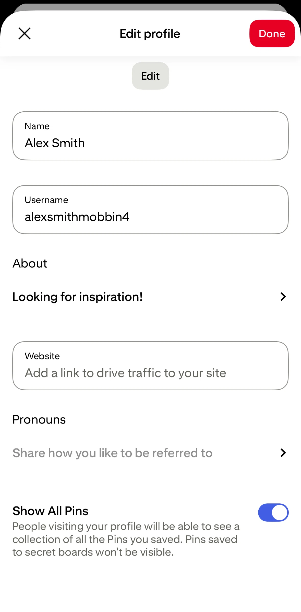 Pinterest Screen screen in the Adding pronouns flow