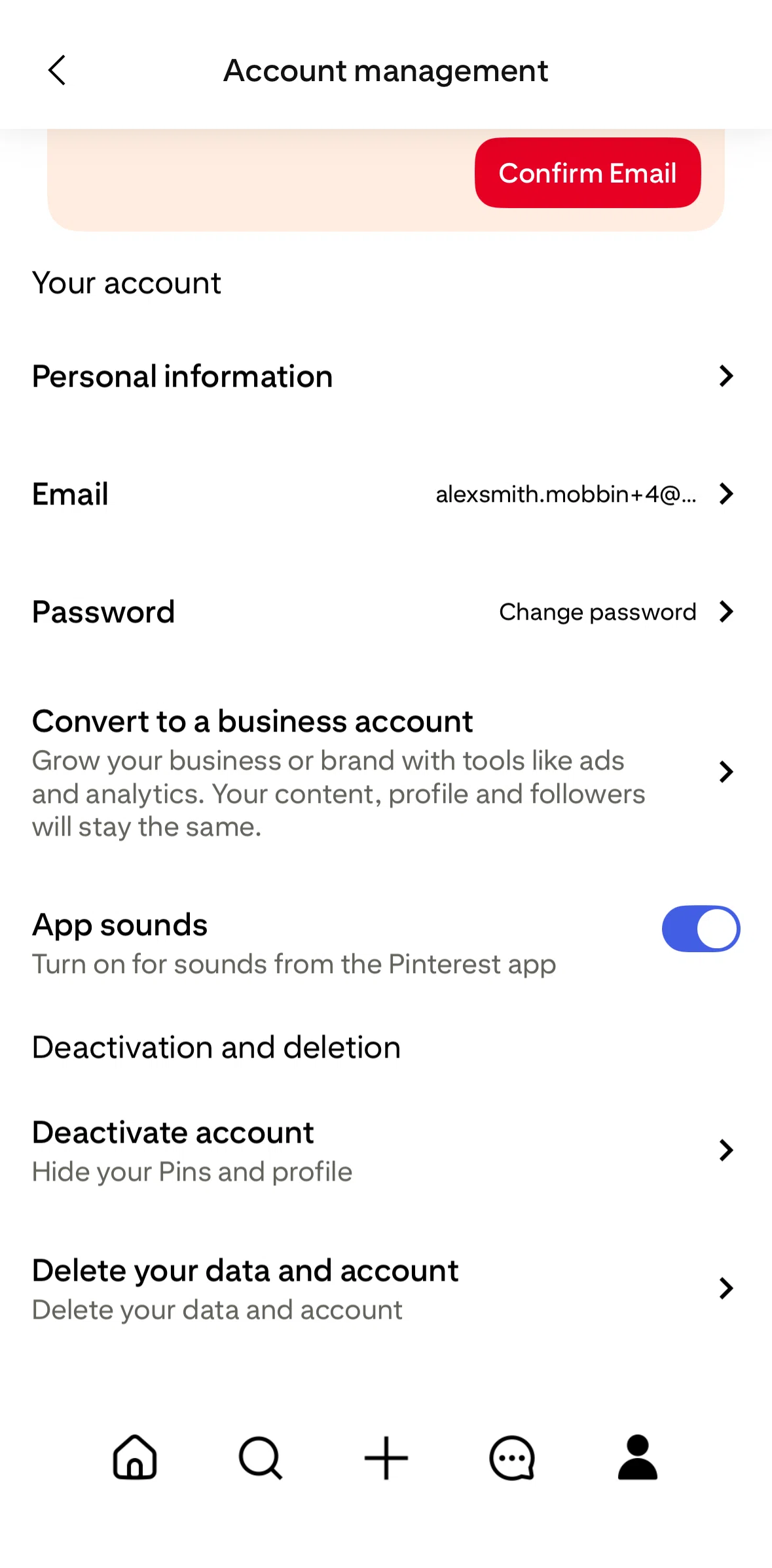 Pinterest Screen screen in the Deactivate account flow