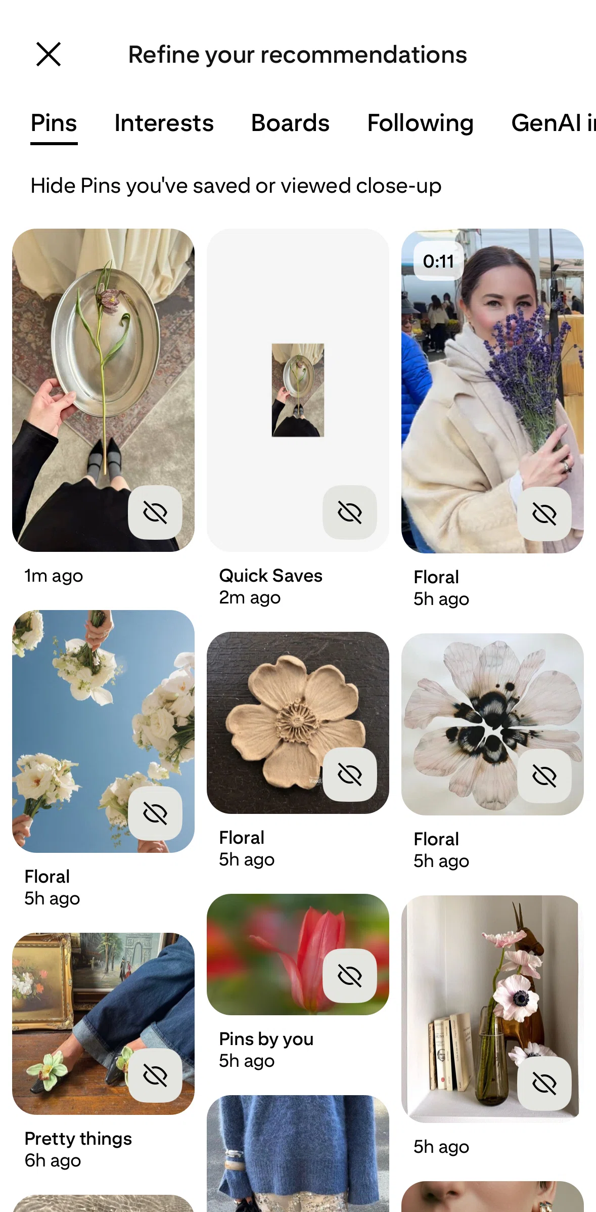 Pinterest Screen screen in the Hiding a pin flow