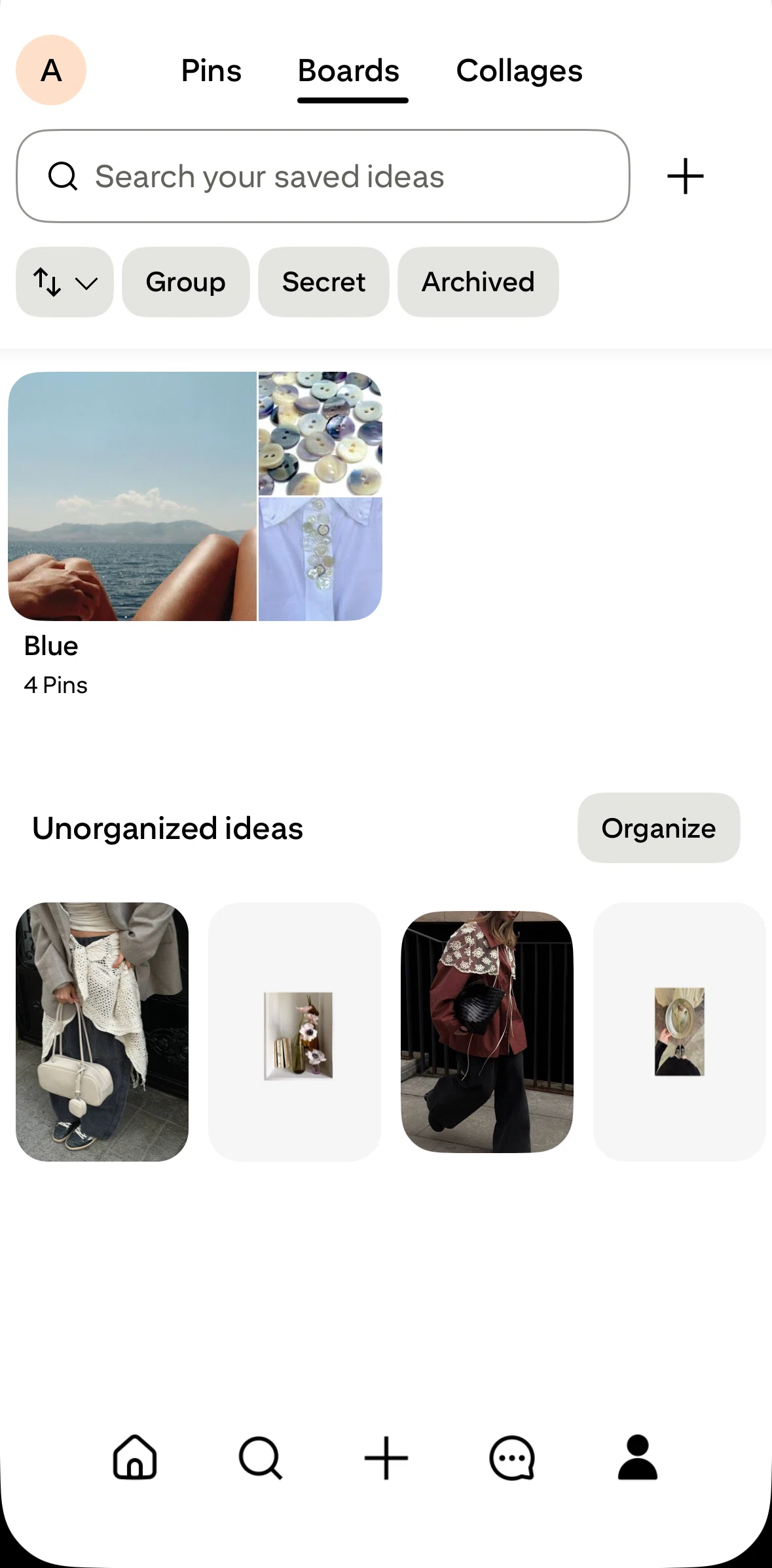 Pinterest Screen screen in the Organizing ideas flow