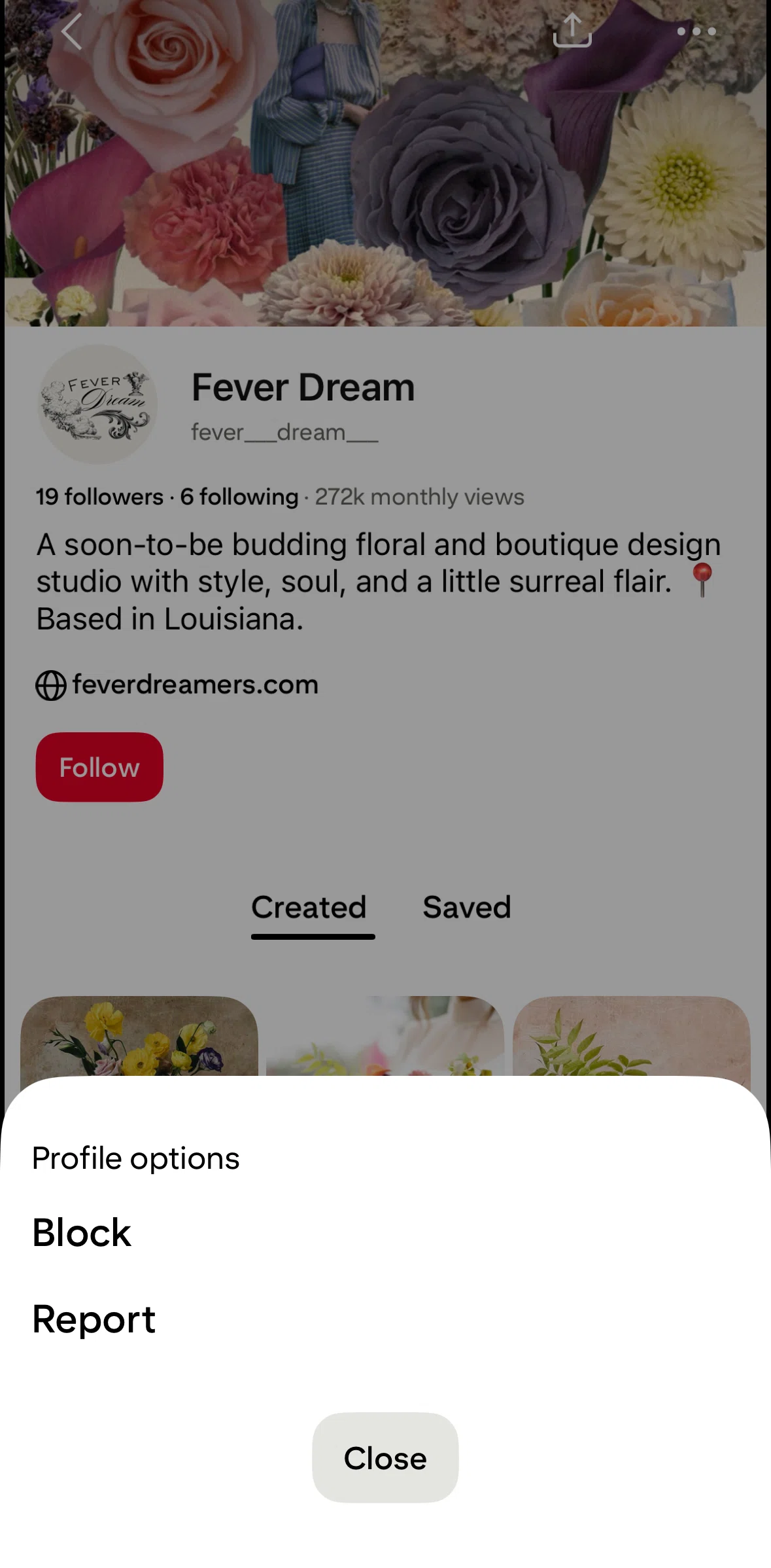 Pinterest Screen screen in the Reporting a user flow