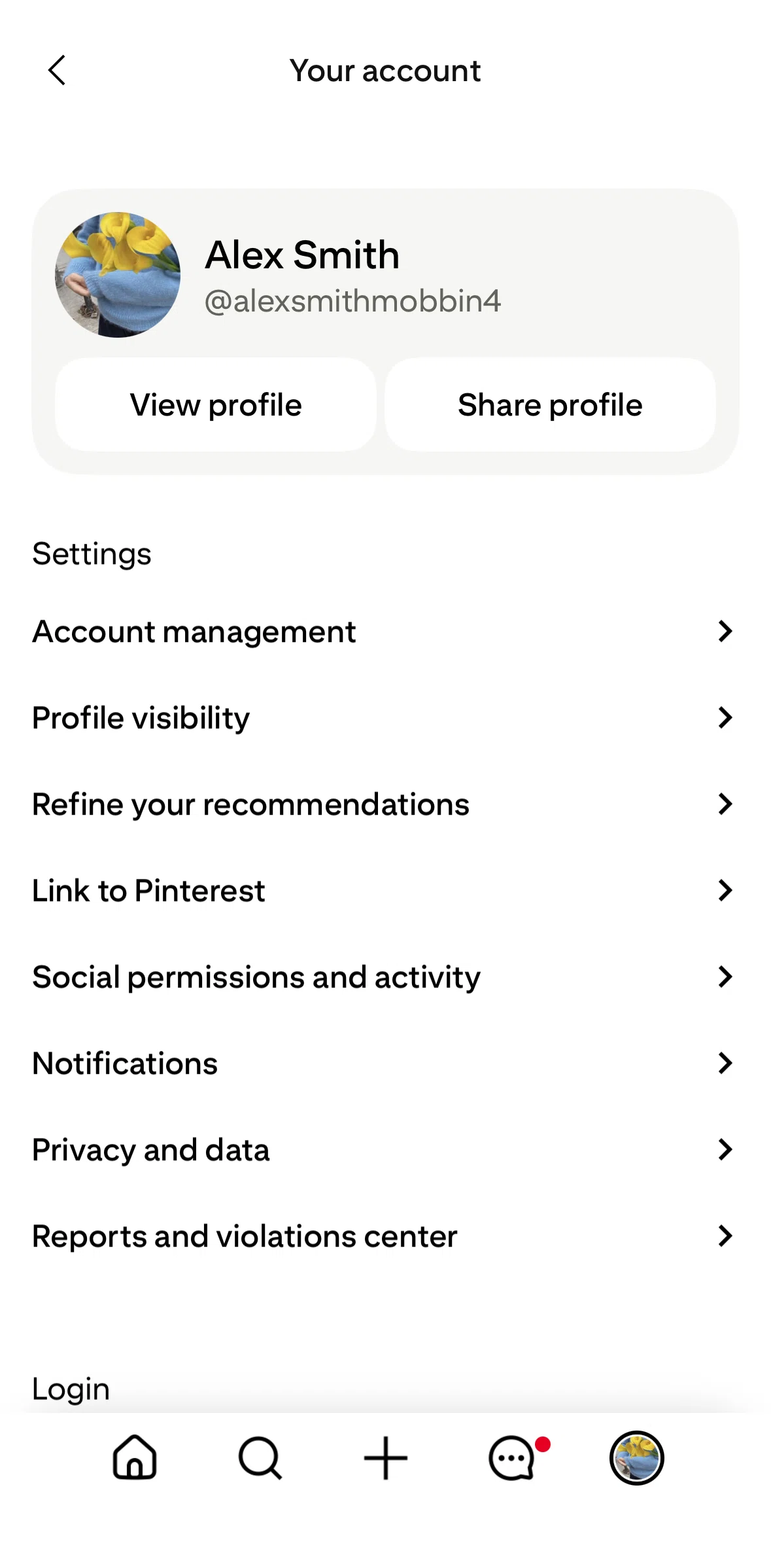 Pinterest Screen screen in the Share profile flow